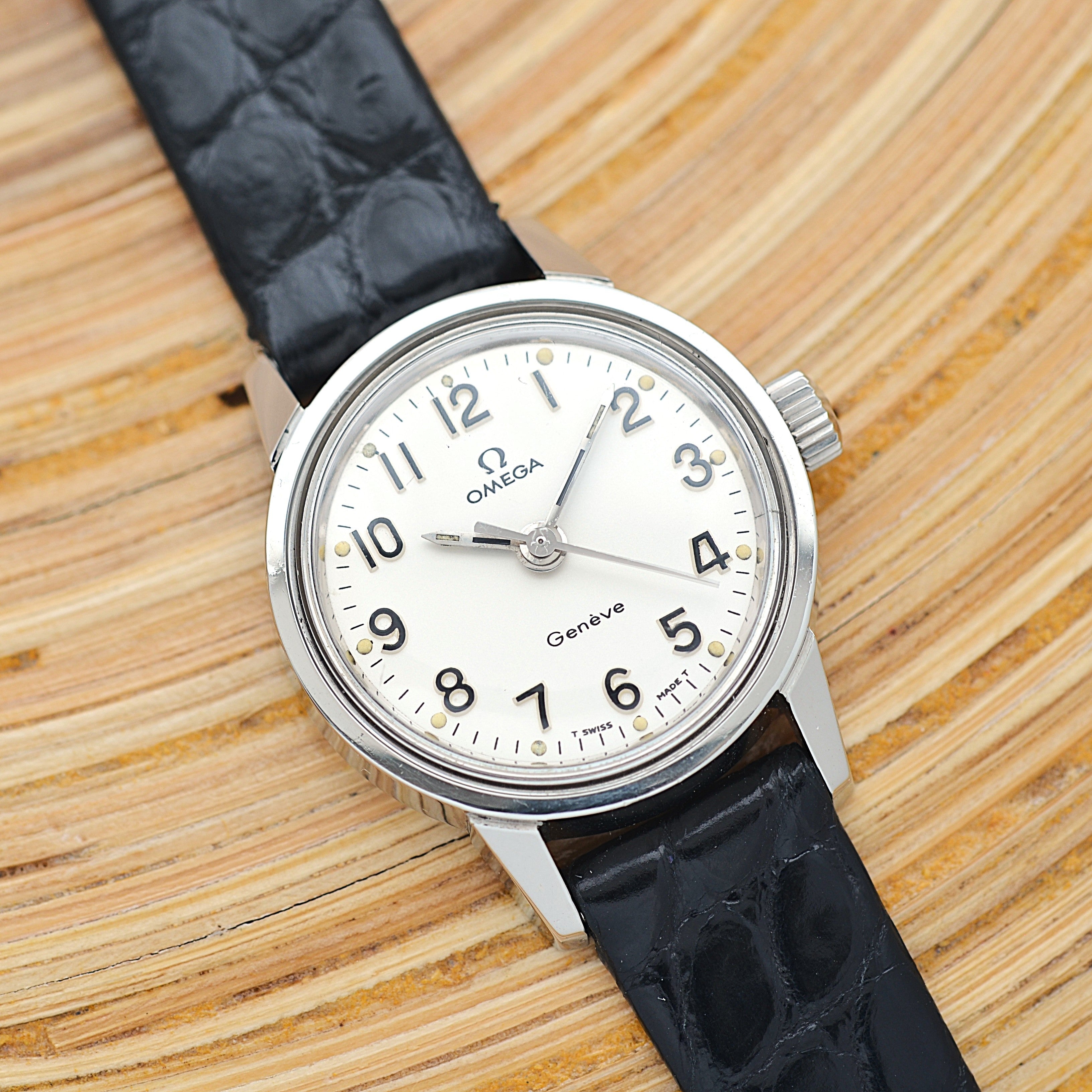 [OMEGA] Omega Geneva Stainless Steel Round Silver Upright Arabic with Genuine Buckle