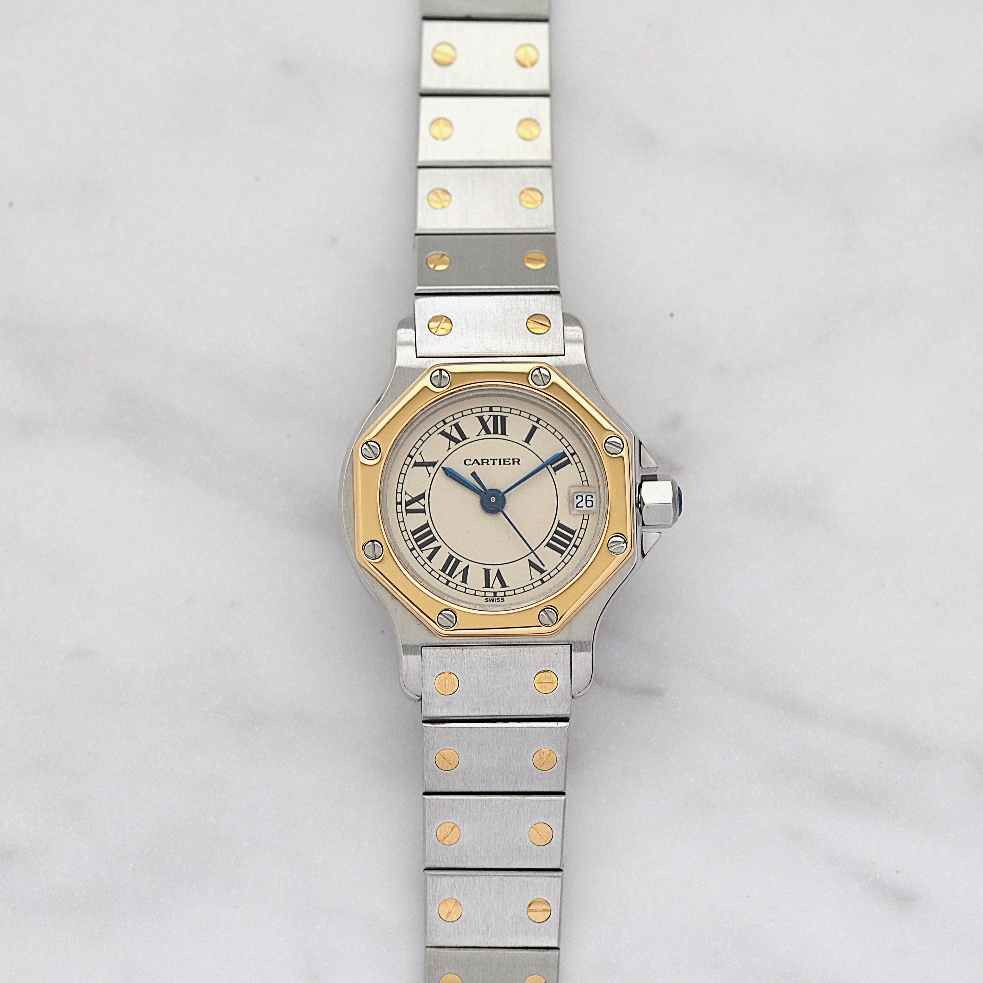【Cartier】Cartier Santos Octagon SM 18K YG x SS Quartz Model, Cartier Complete Service Performed
