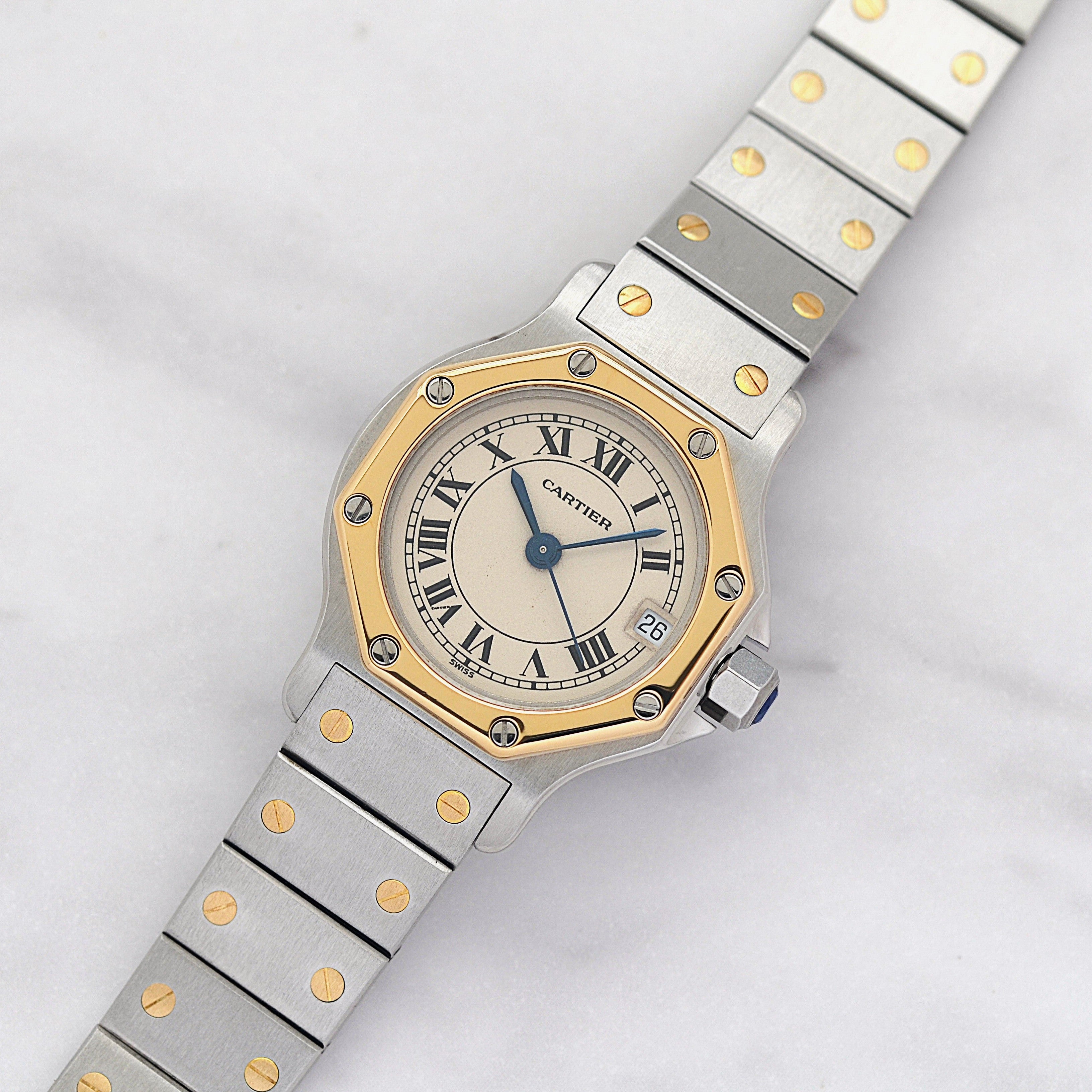 【Cartier】Cartier Santos Octagon SM 18K YG x SS Quartz Model, Cartier Complete Service Performed