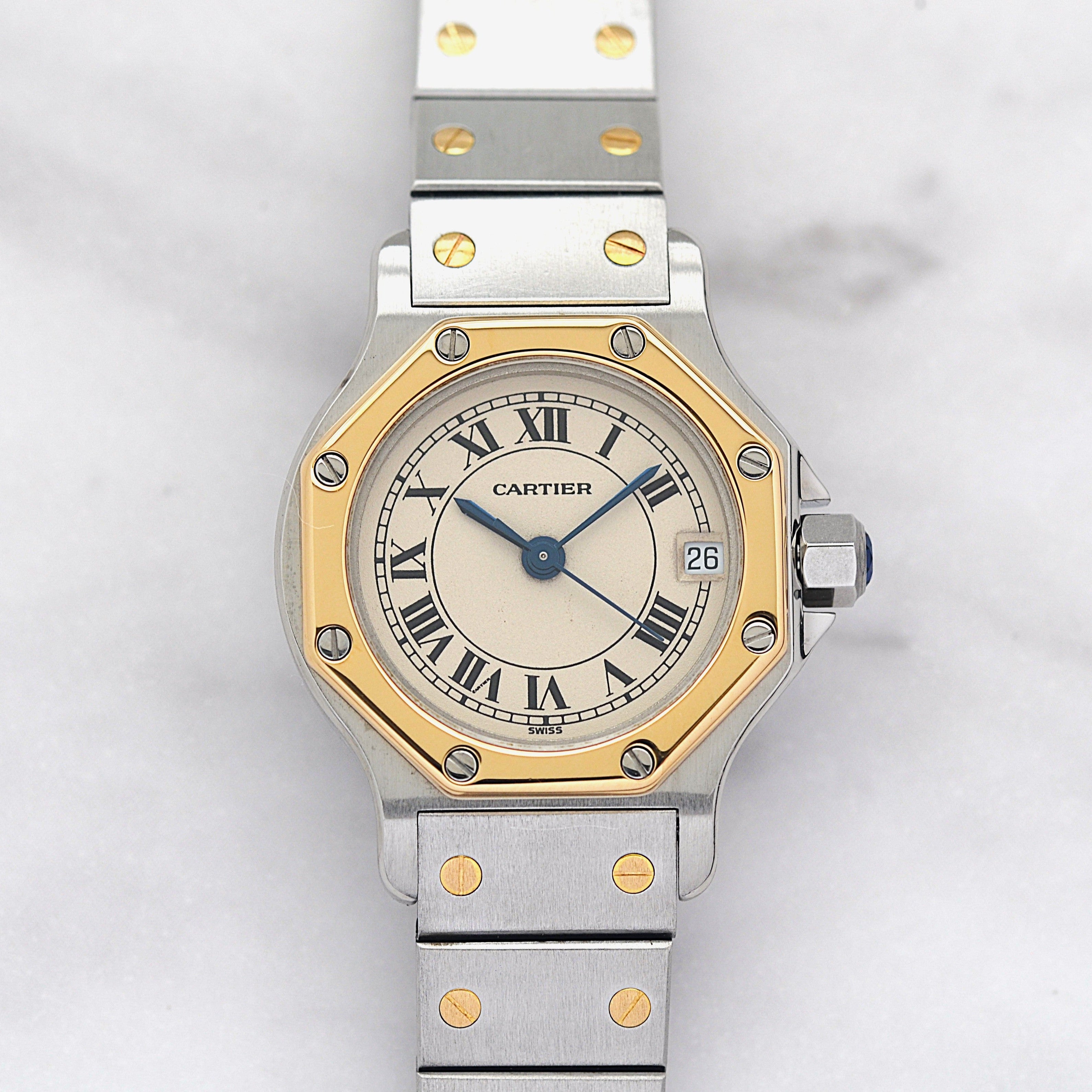 【Cartier】Cartier Santos Octagon SM 18K YG x SS Quartz Model, Cartier Complete Service Performed