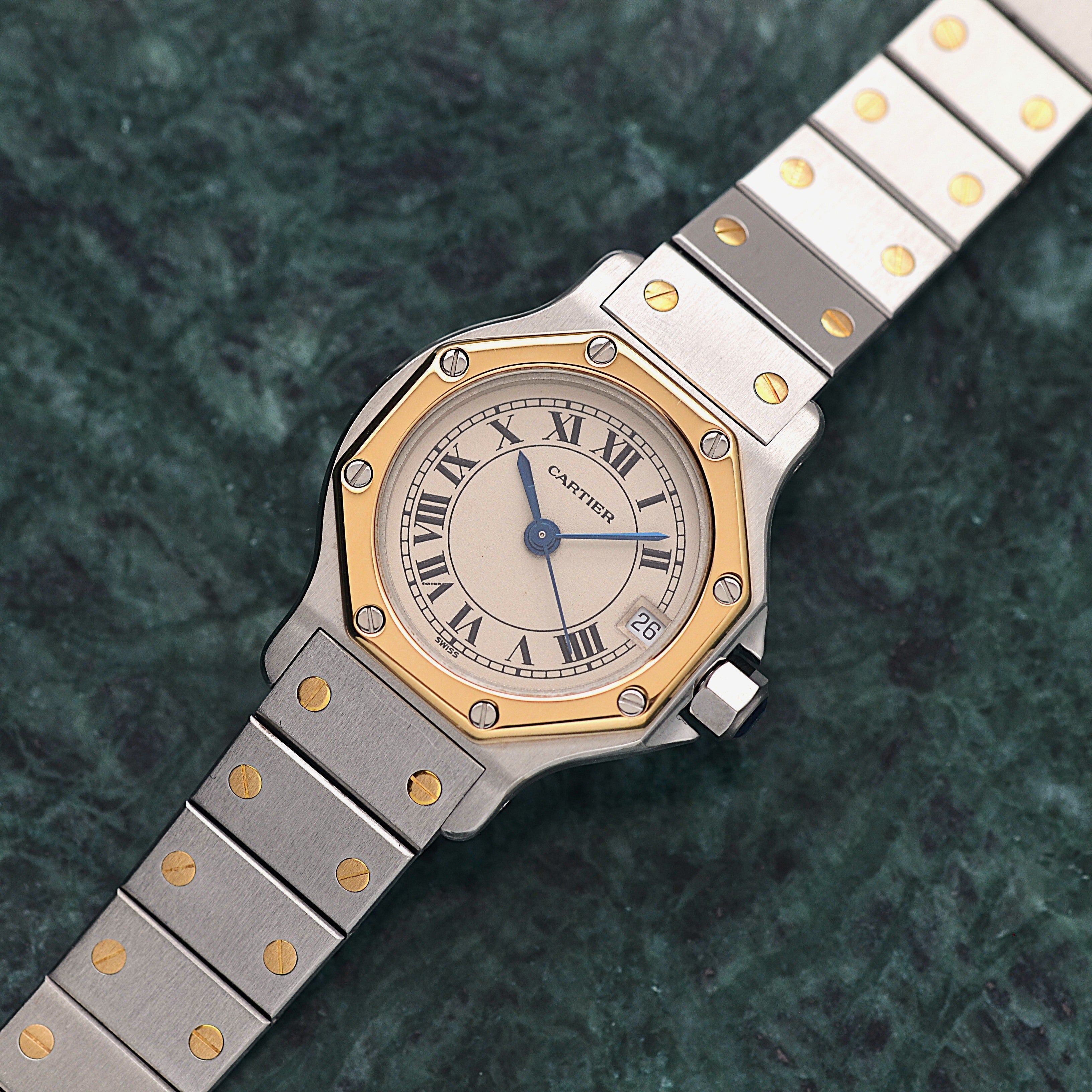 【Cartier】Cartier Santos Octagon SM 18K YG x SS Quartz Model, Cartier Complete Service Performed