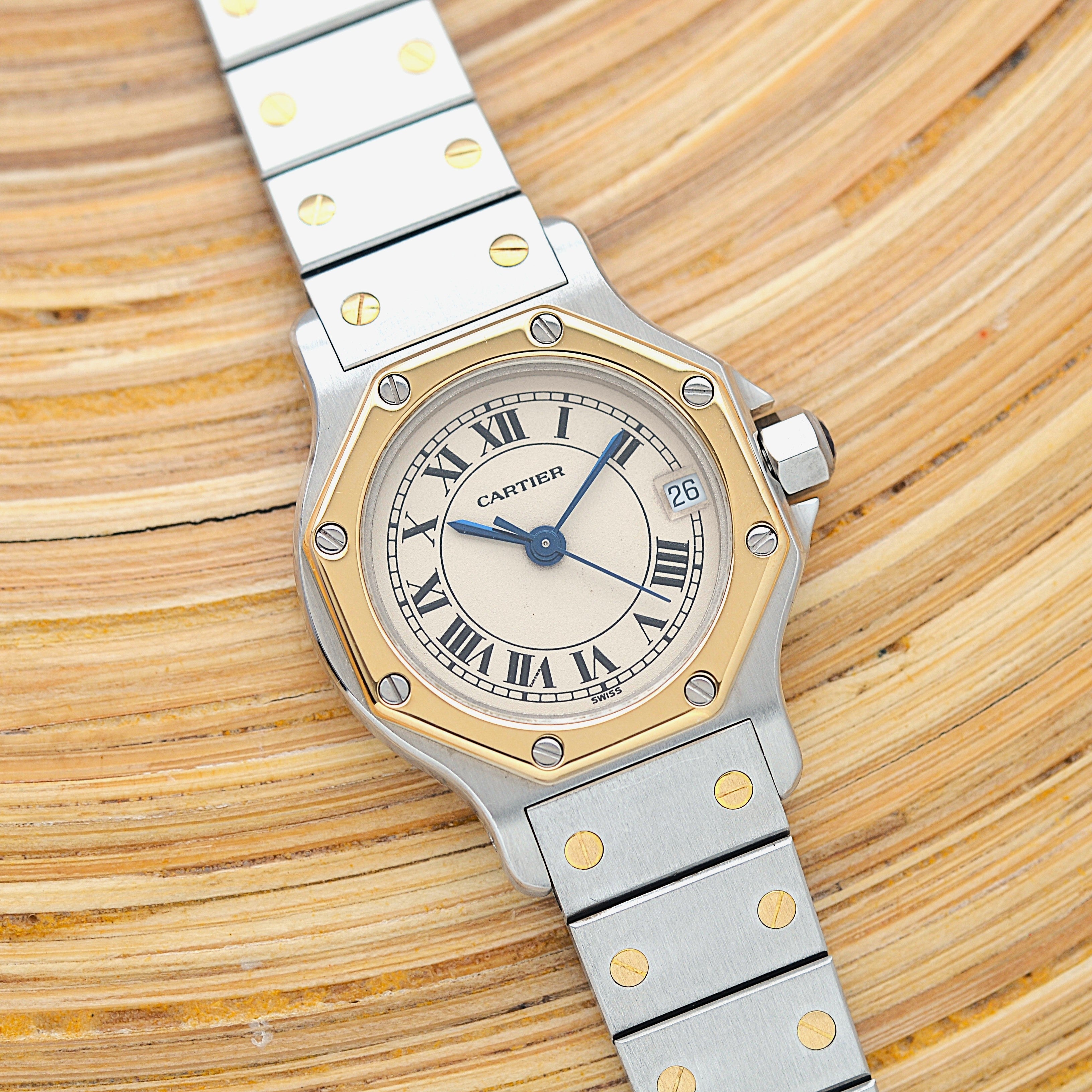 【Cartier】Cartier Santos Octagon SM 18K YG x SS Quartz Model, Cartier Complete Service Performed