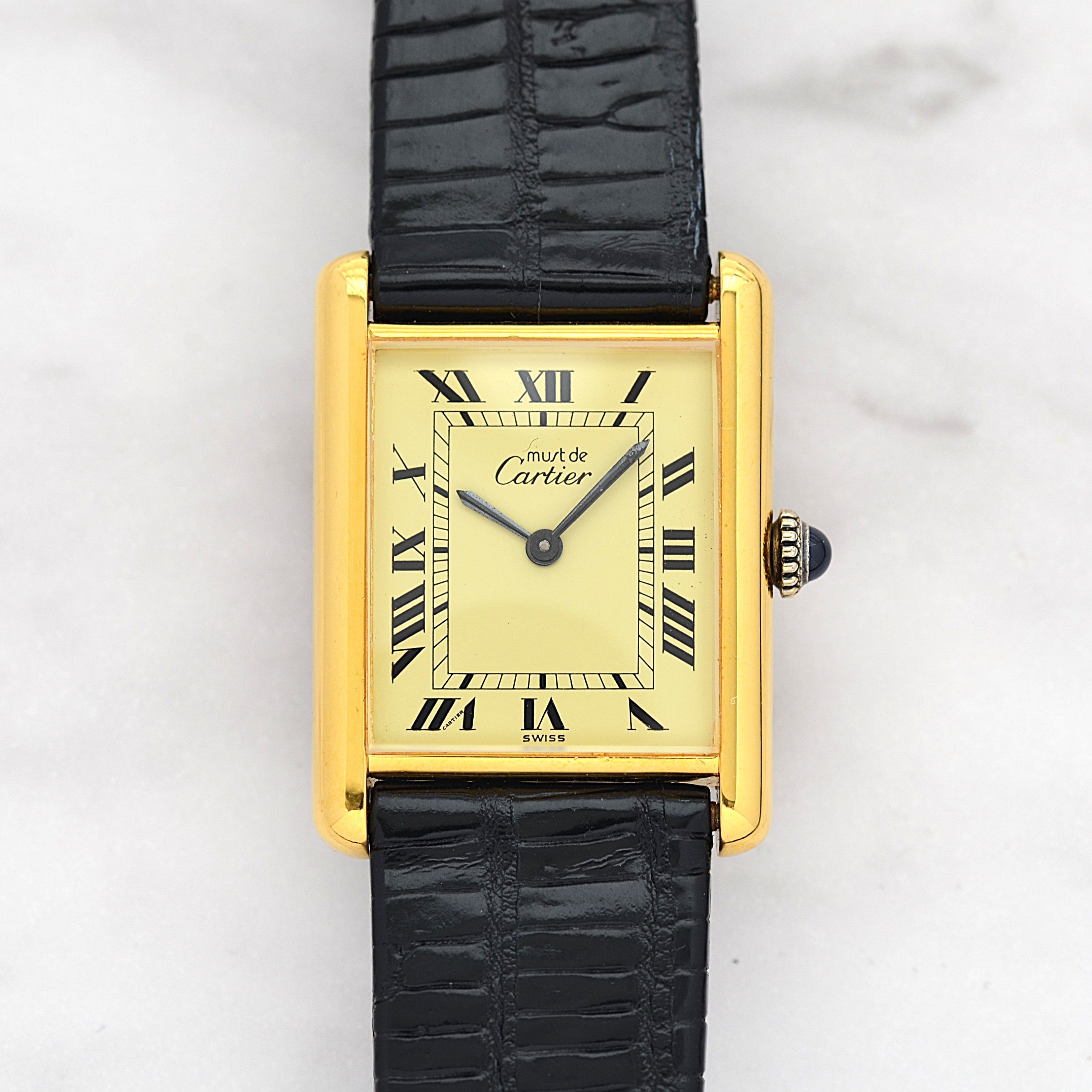 [Cartier] Cartier Must Tank LM Ivory Roman Manual Winding with Genuine Buckle