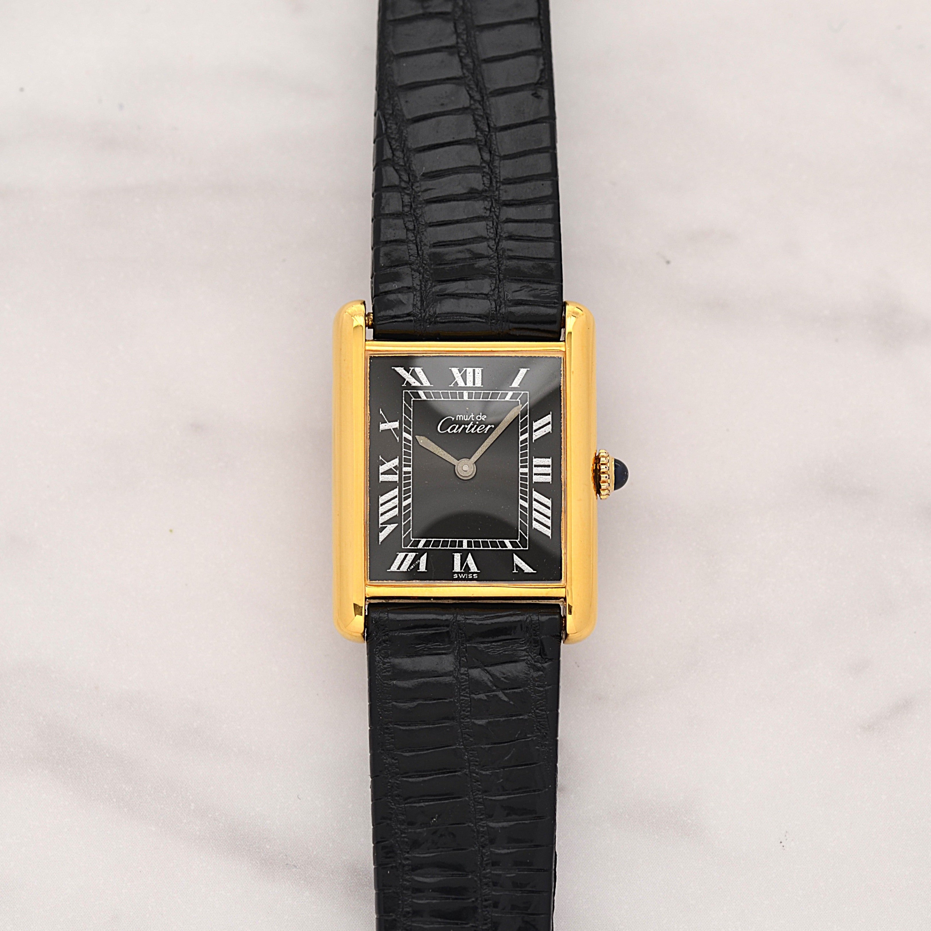 [Cartier] Cartier Must Tank LM Black Roman Manual Winding with Genuine Buckle