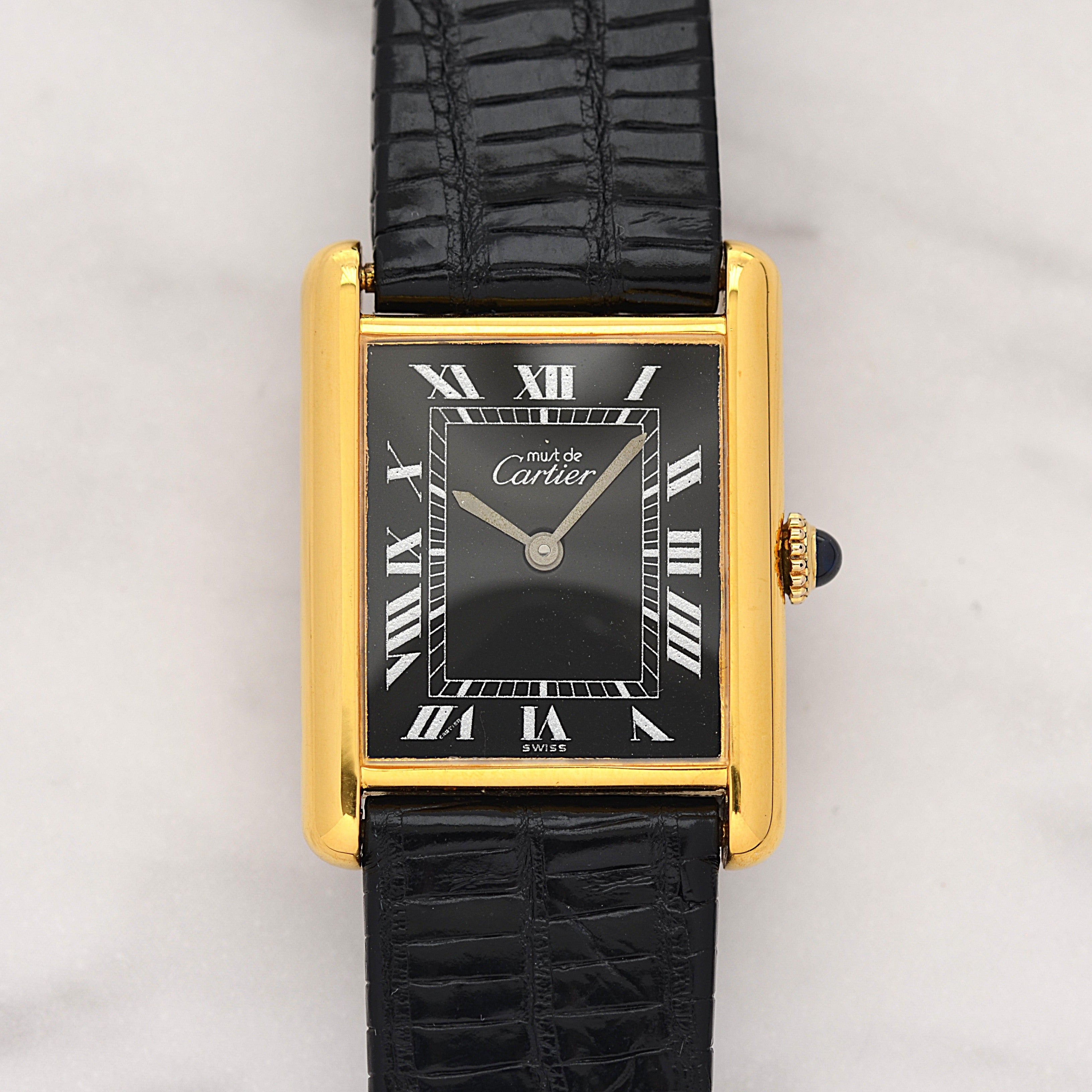 [Cartier] Cartier Must Tank LM Black Roman Manual Winding with Genuine Buckle