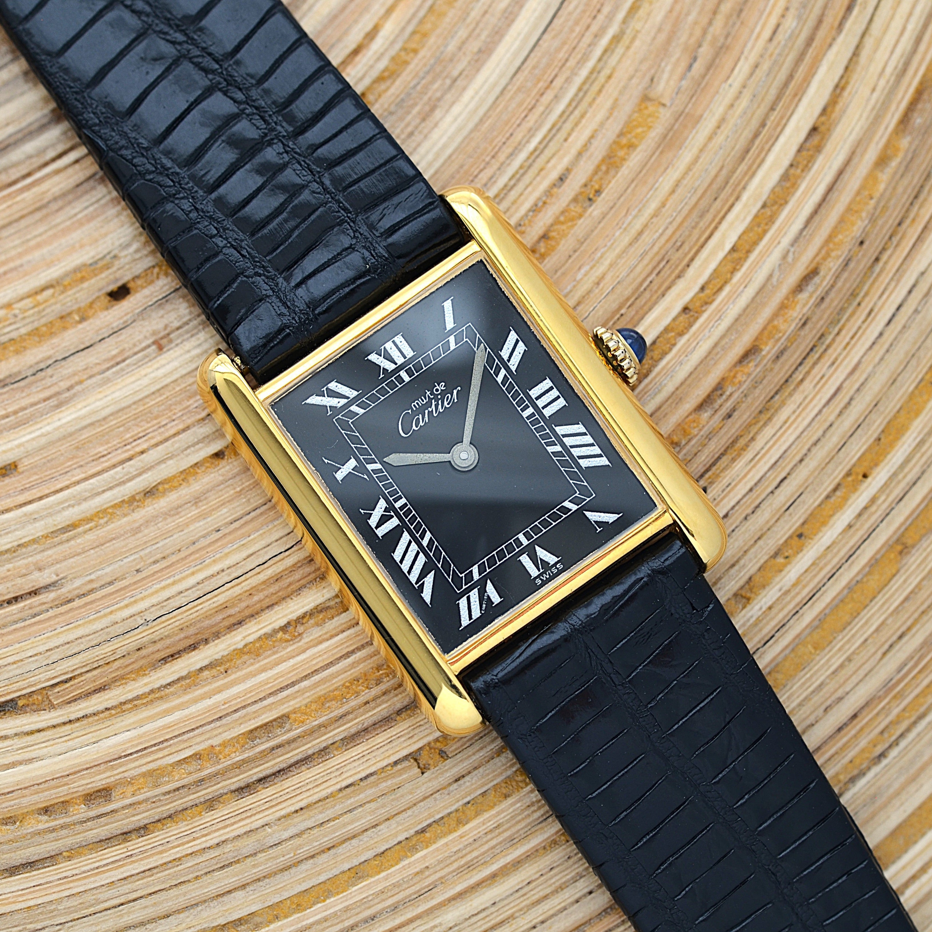[Cartier] Cartier Must Tank LM Black Roman Manual Winding with Genuine Buckle