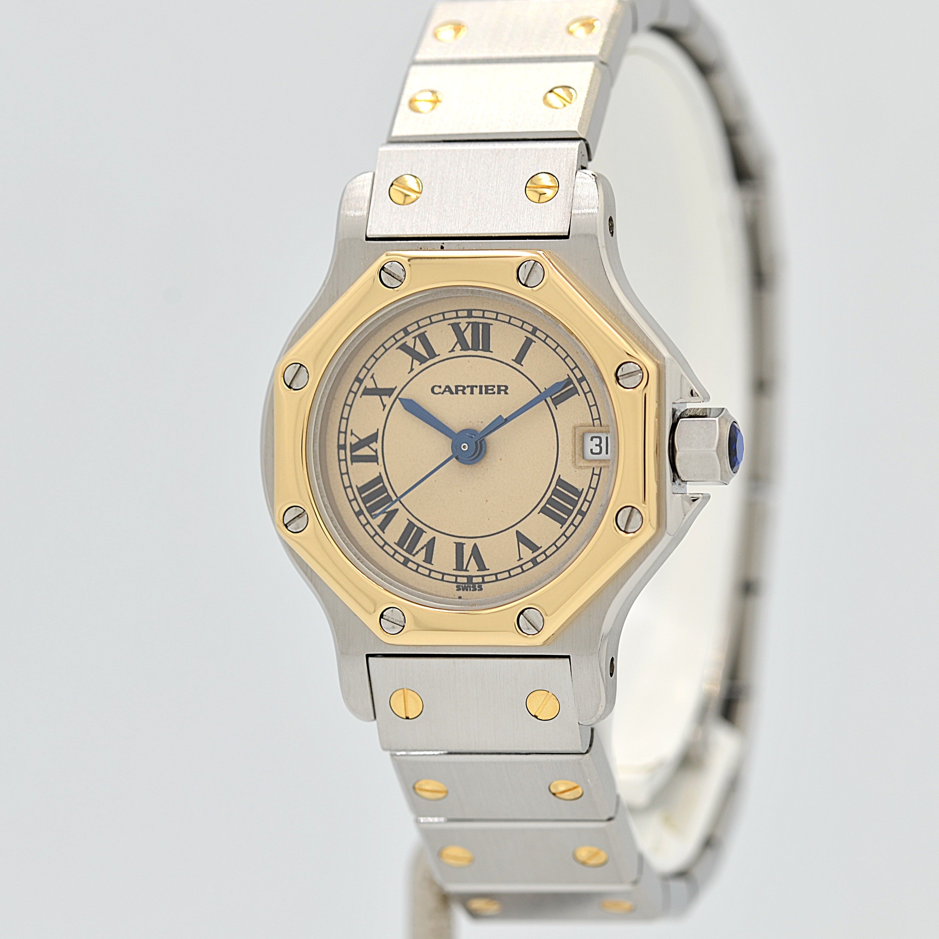 [Cartier] Cartier Santos Octagon SM 18K Yellow Gold x Stainless Steel Quartz Model with Double Buckle. Complete Cartier Service.