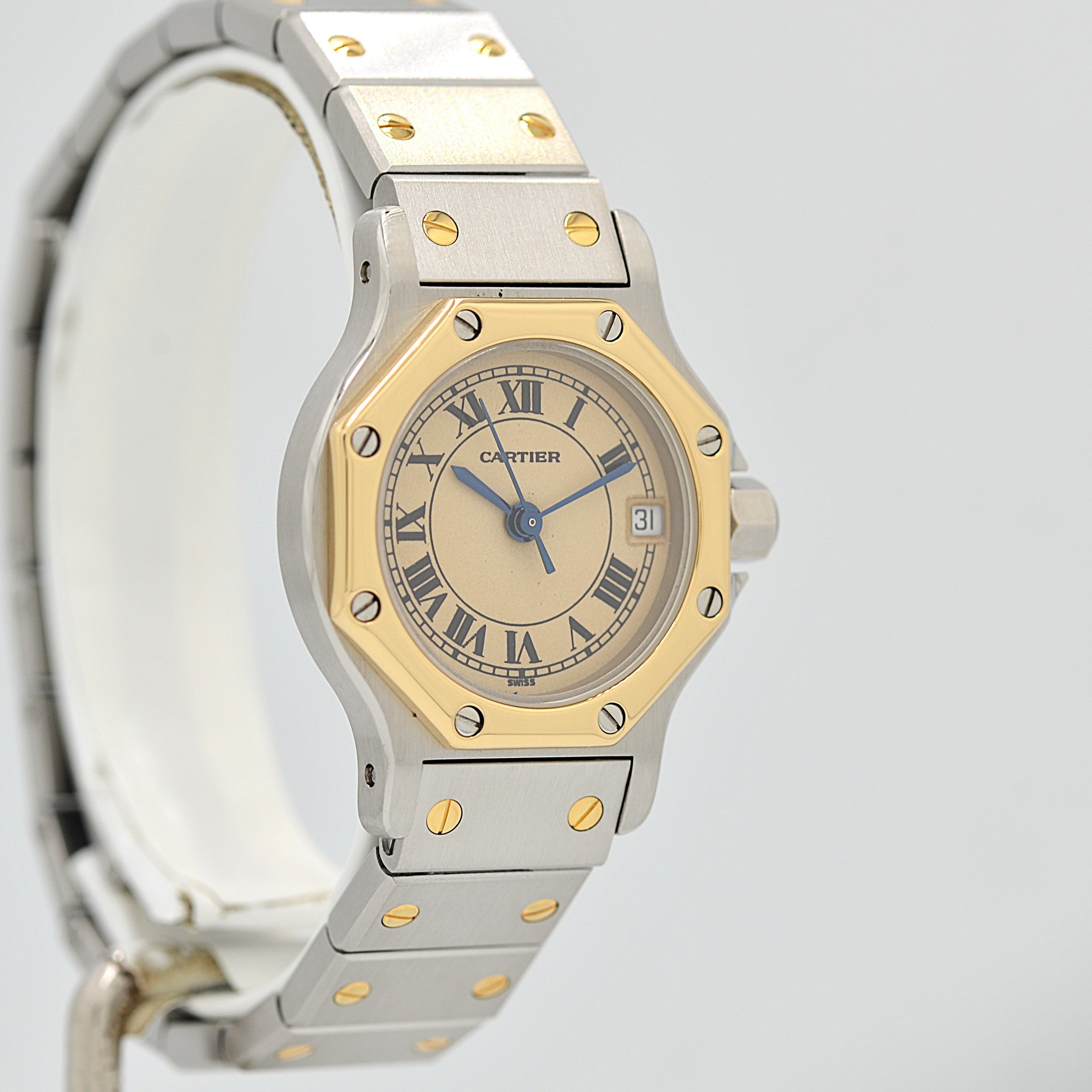 [Cartier] Cartier Santos Octagon SM 18K Yellow Gold x Stainless Steel Quartz Model with Double Buckle. Complete Cartier Service.