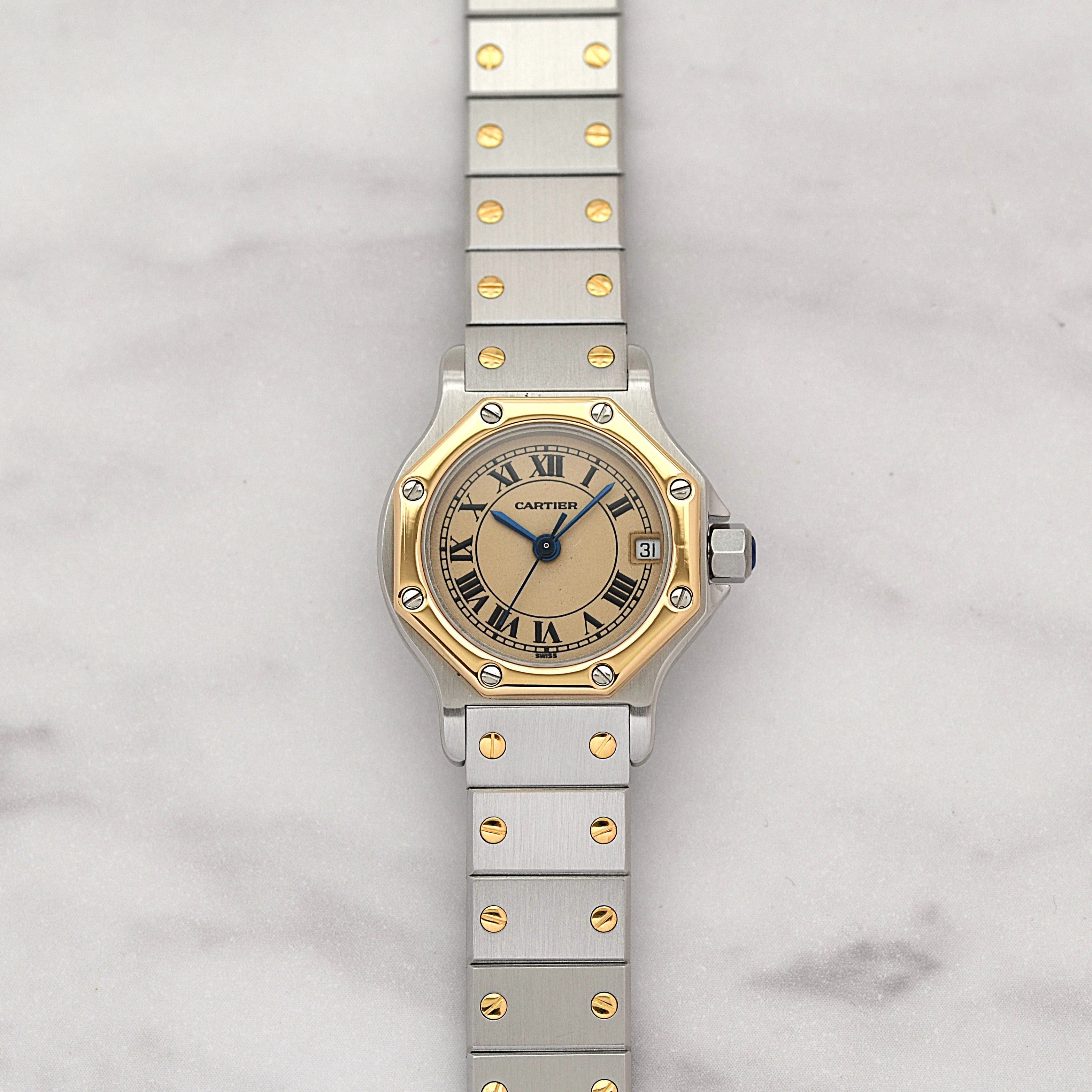 [Cartier] Cartier Santos Octagon SM 18K Yellow Gold x Stainless Steel Quartz Model with Double Buckle. Complete Cartier Service.