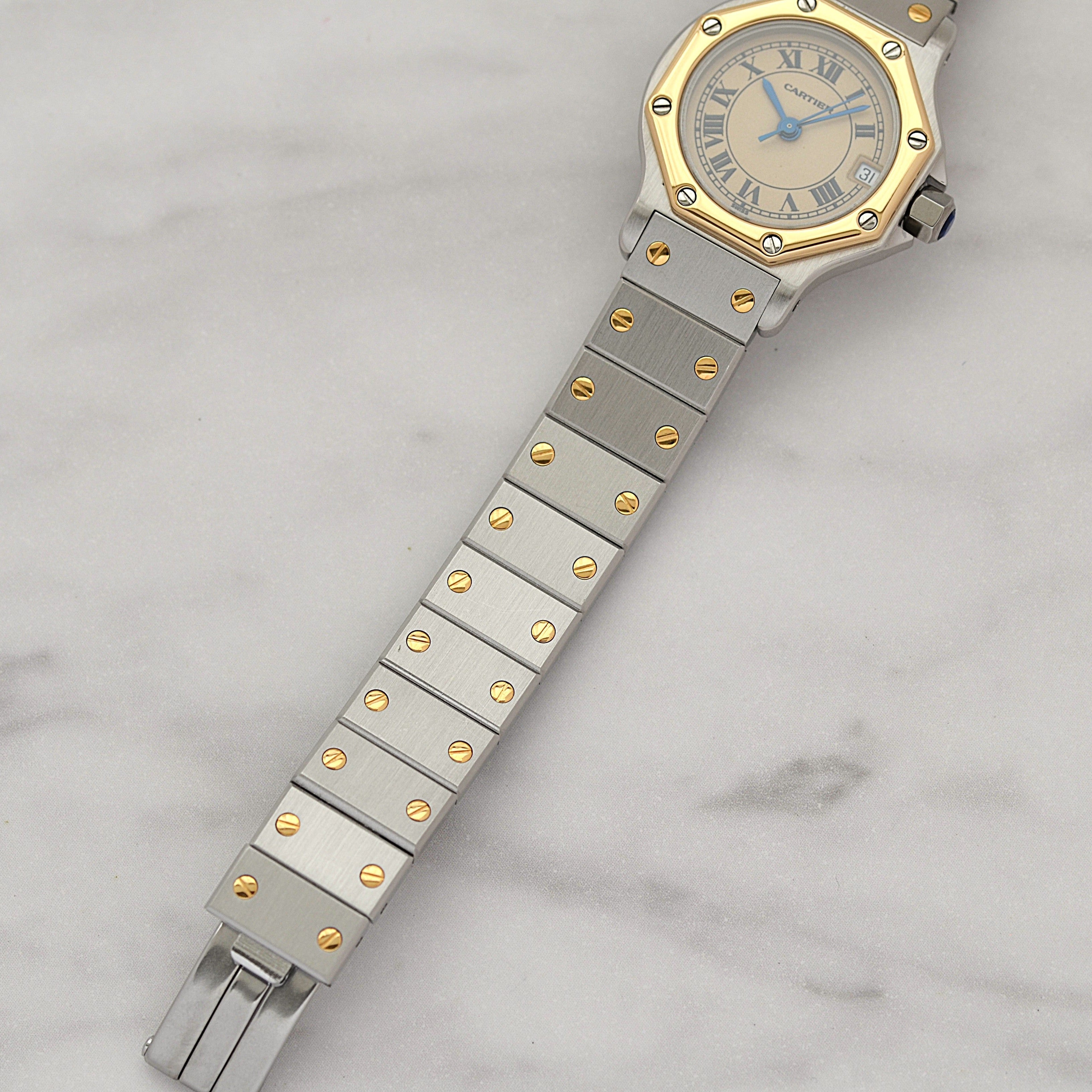 [Cartier] Cartier Santos Octagon SM 18K Yellow Gold x Stainless Steel Quartz Model with Double Buckle. Complete Cartier Service.
