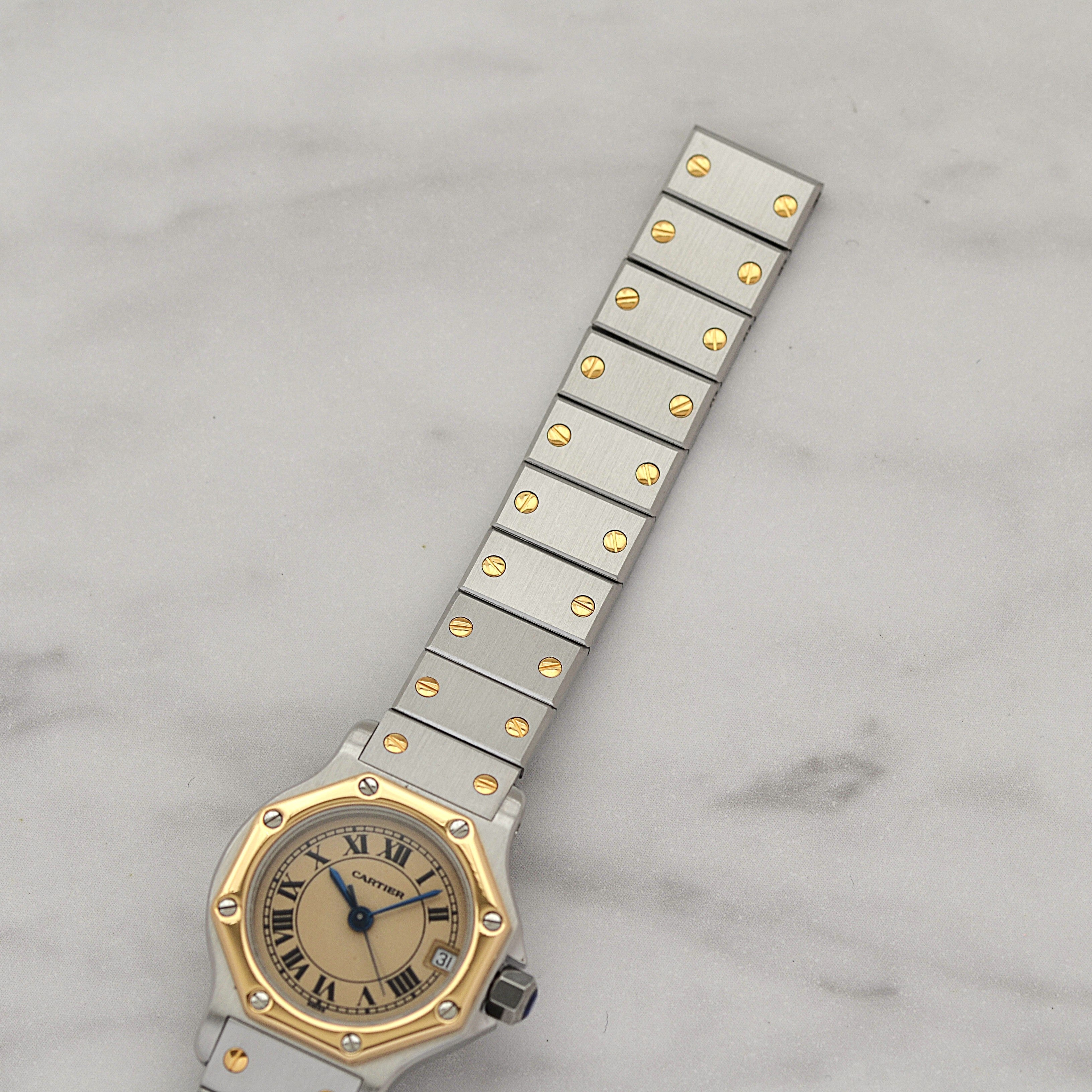 [Cartier] Cartier Santos Octagon SM 18K Yellow Gold x Stainless Steel Quartz Model with Double Buckle. Complete Cartier Service.