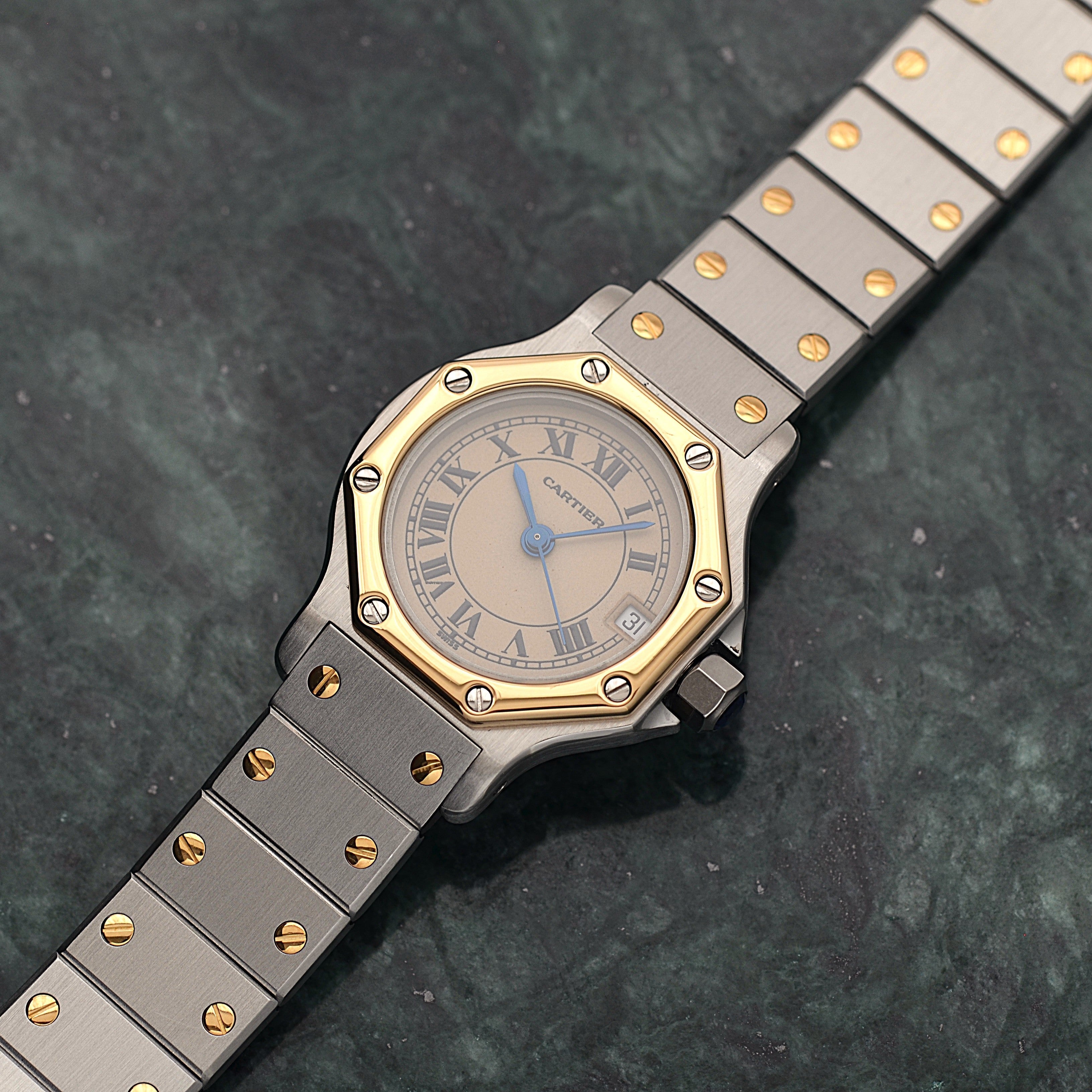 [Cartier] Cartier Santos Octagon SM 18K Yellow Gold x Stainless Steel Quartz Model with Double Buckle. Complete Cartier Service.