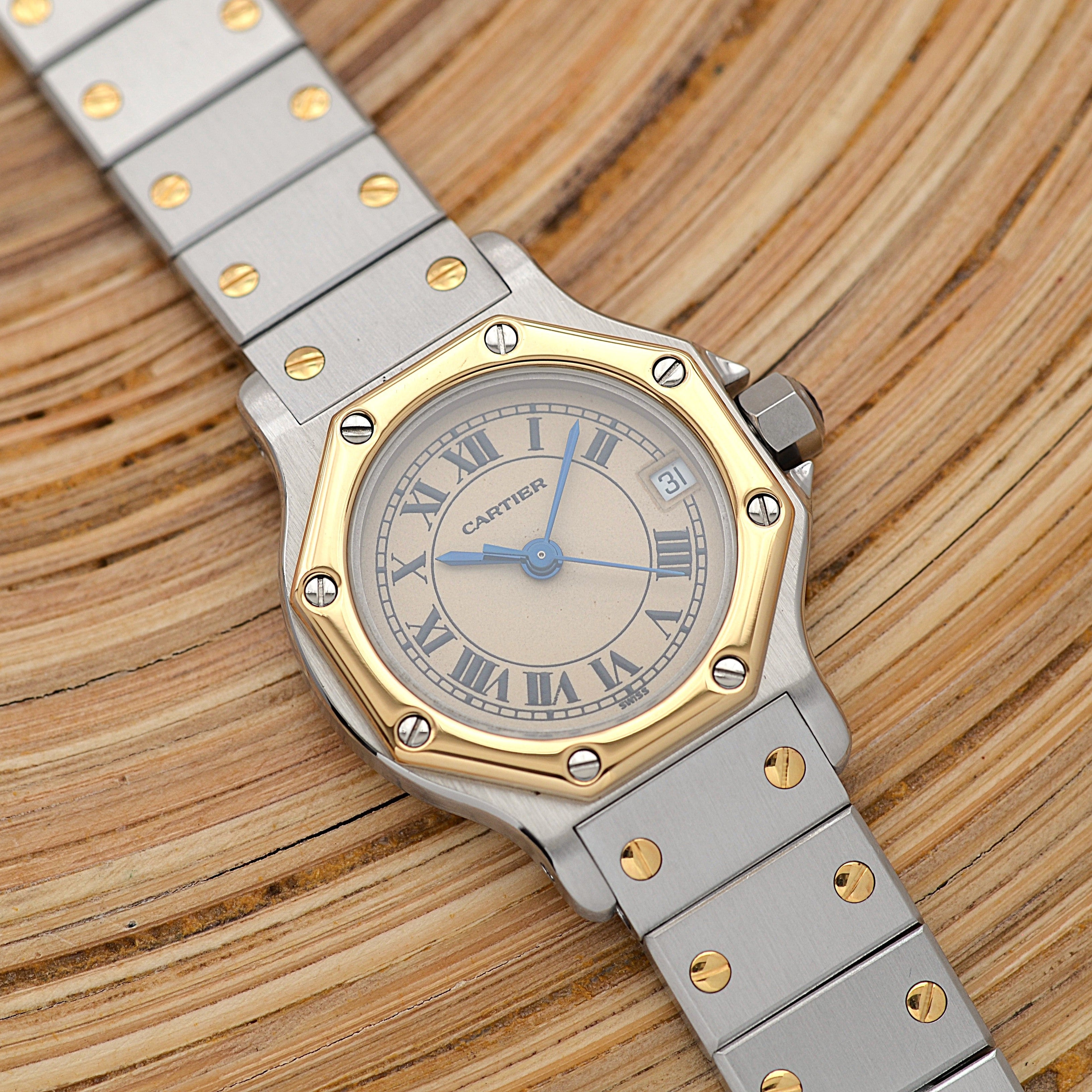 [Cartier] Cartier Santos Octagon SM 18K Yellow Gold x Stainless Steel Quartz Model with Double Buckle. Complete Cartier Service.