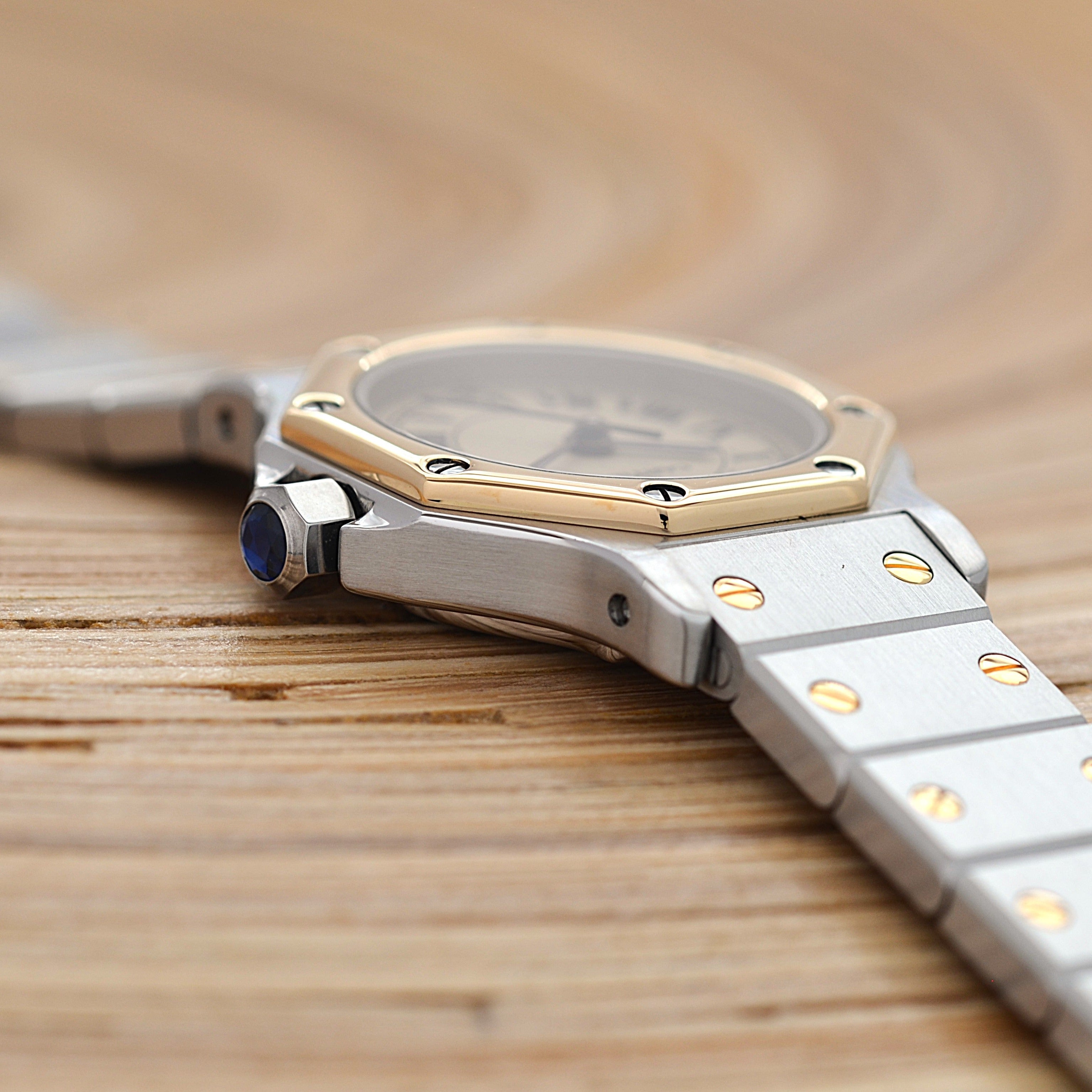 [Cartier] Cartier Santos Octagon SM 18K Yellow Gold x Stainless Steel Quartz Model with Double Buckle. Complete Cartier Service.