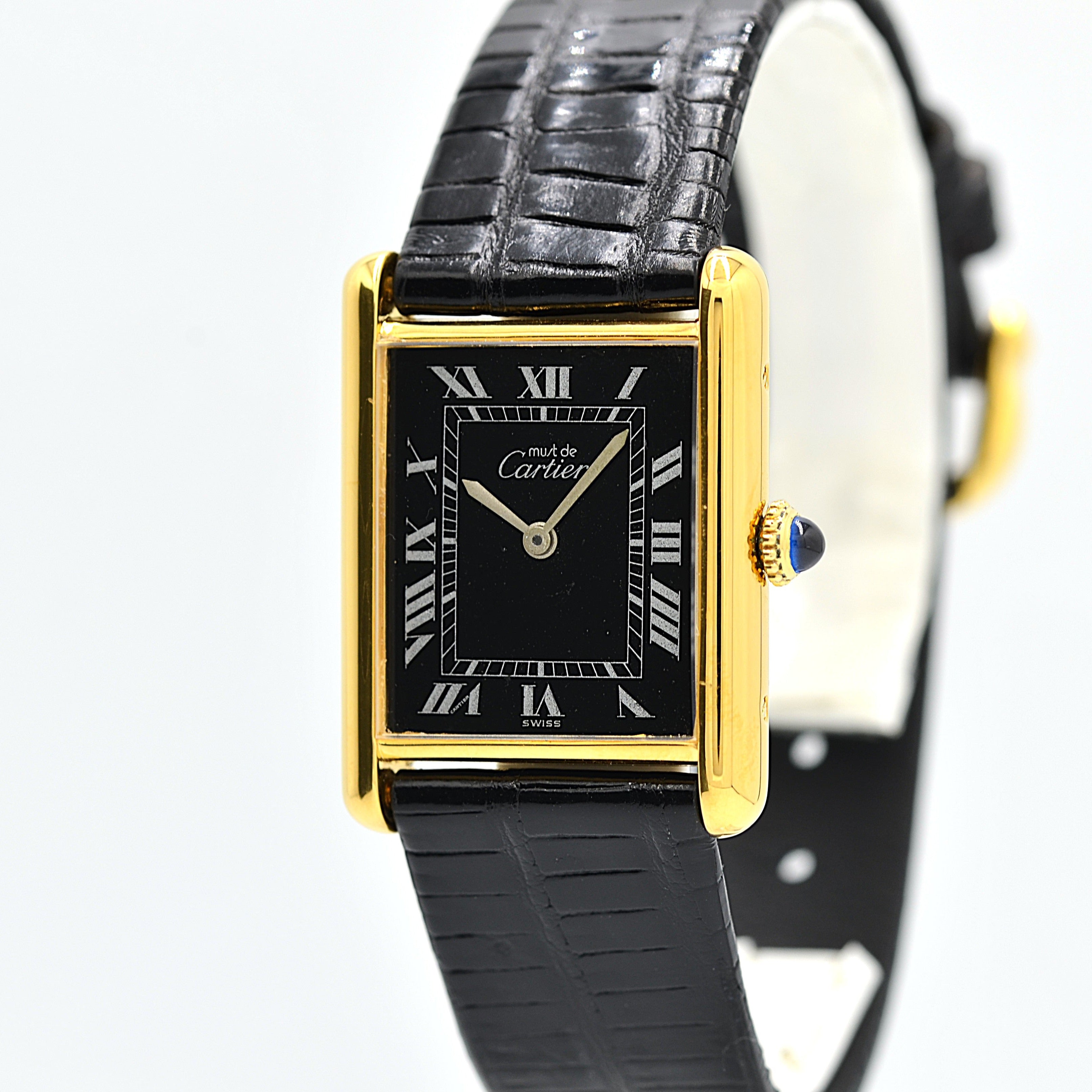 [Cartier] Cartier Must Tank LM Black Roman Manual Winding with Genuine Buckle