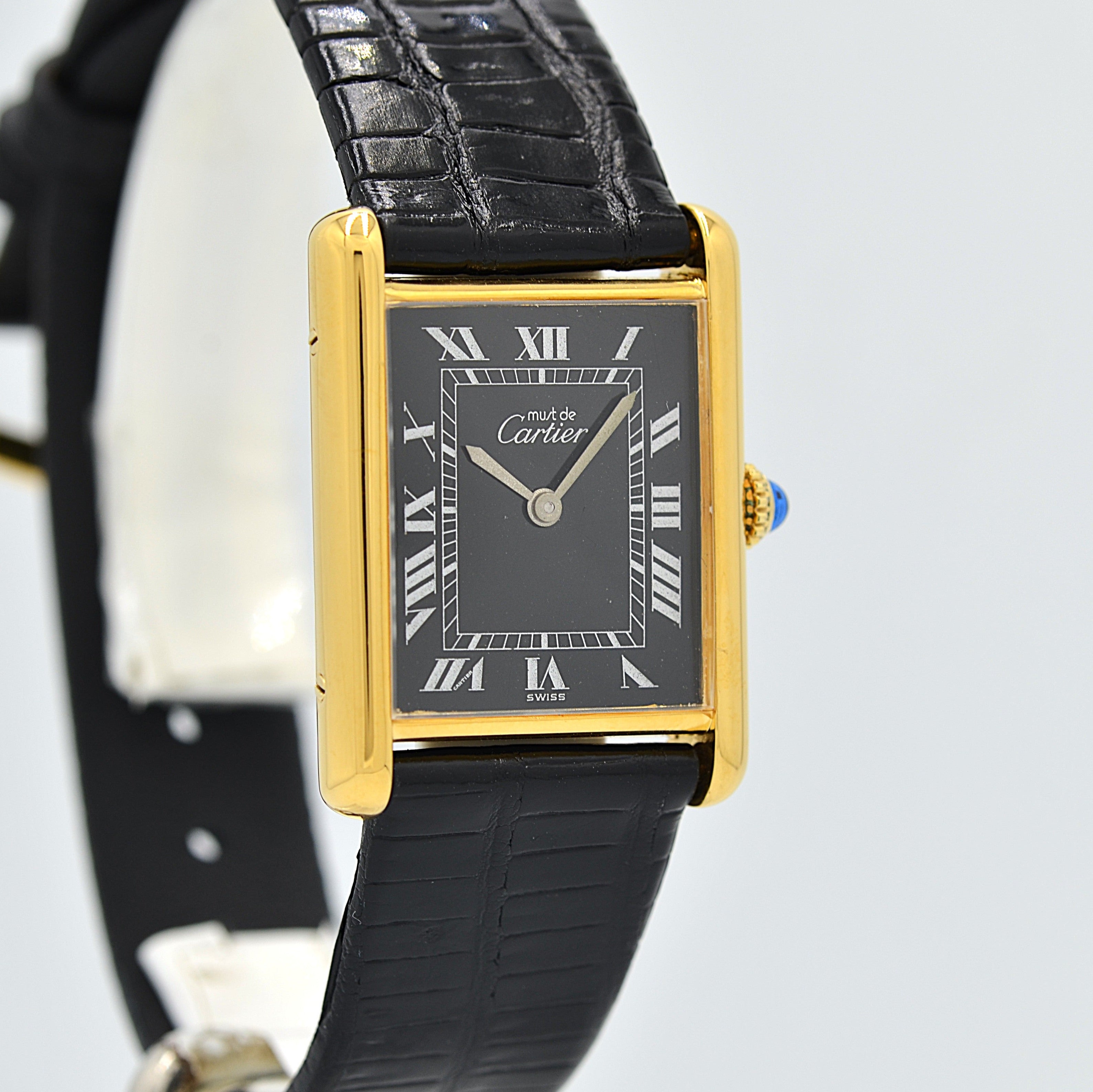 [Cartier] Cartier Must Tank LM Black Roman Manual Winding with Genuine Buckle