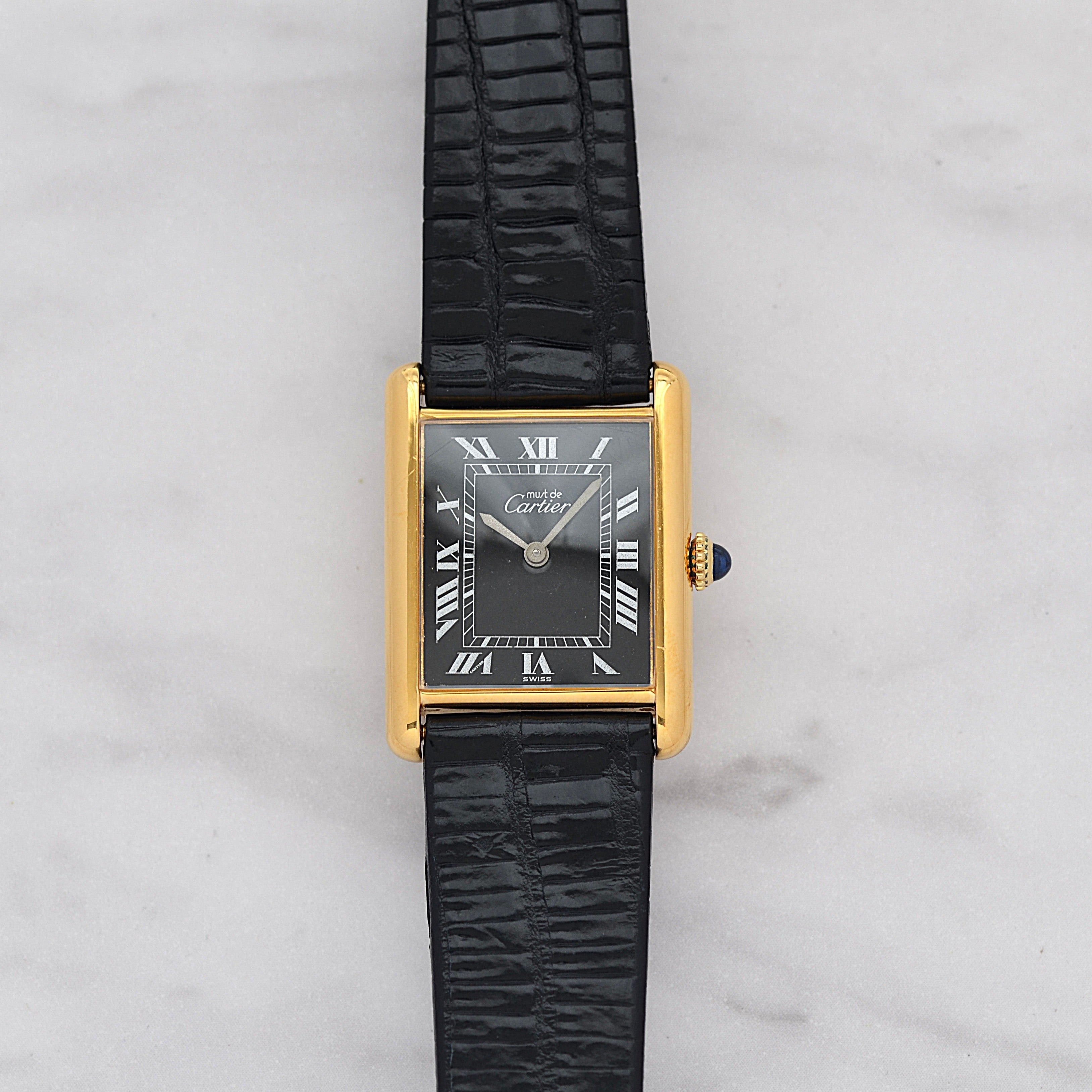 [Cartier] Cartier Must Tank LM Black Roman Manual Winding with Genuine Buckle
