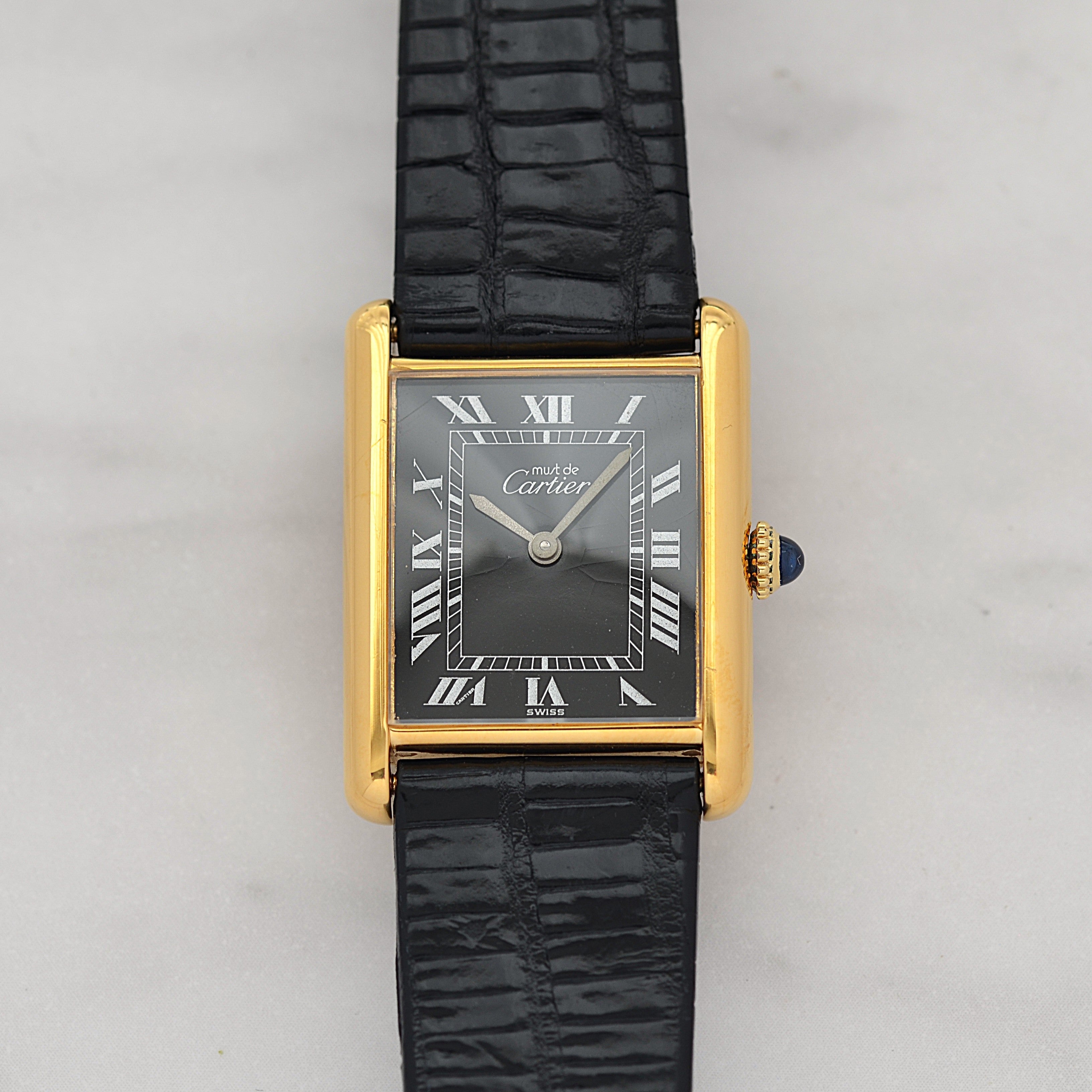 [Cartier] Cartier Must Tank LM Black Roman Manual Winding with Genuine Buckle