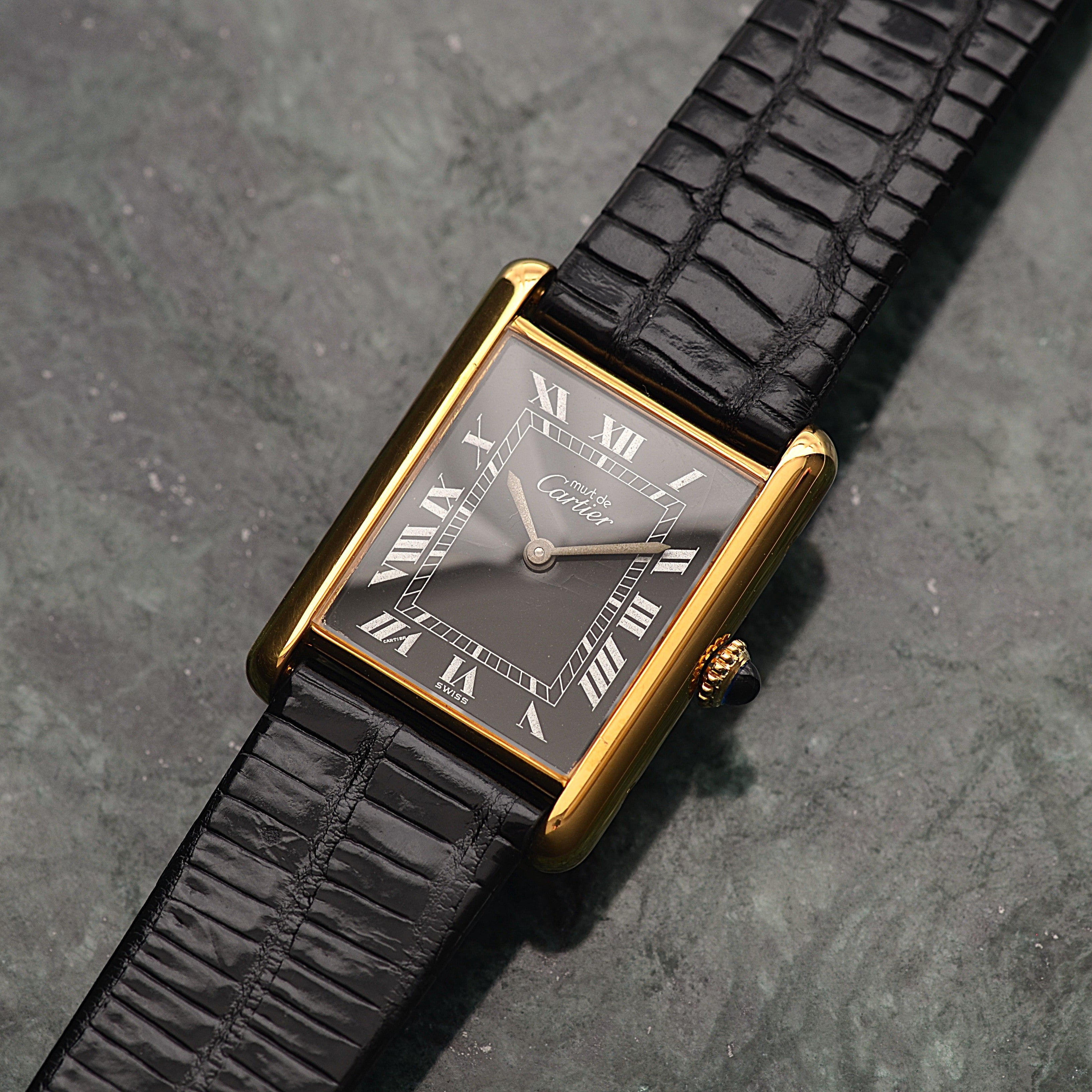 [Cartier] Cartier Must Tank LM Black Roman Manual Winding with Genuine Buckle