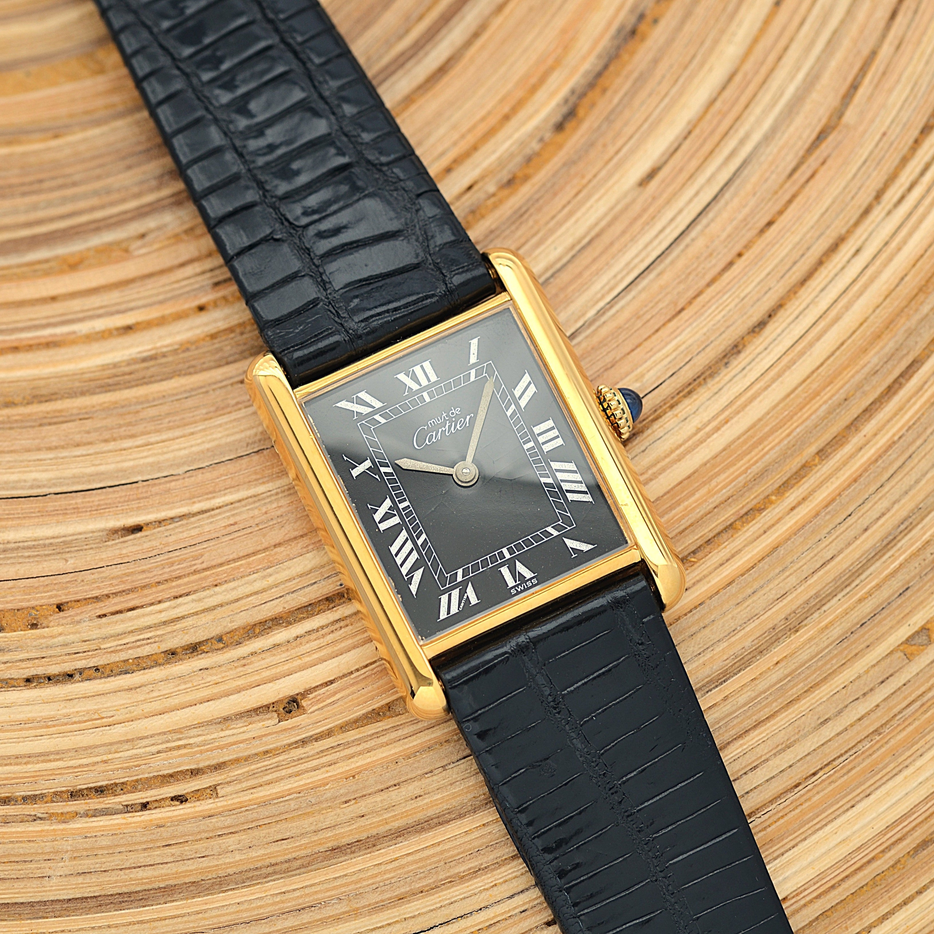 [Cartier] Cartier Must Tank LM Black Roman Manual Winding with Genuine Buckle