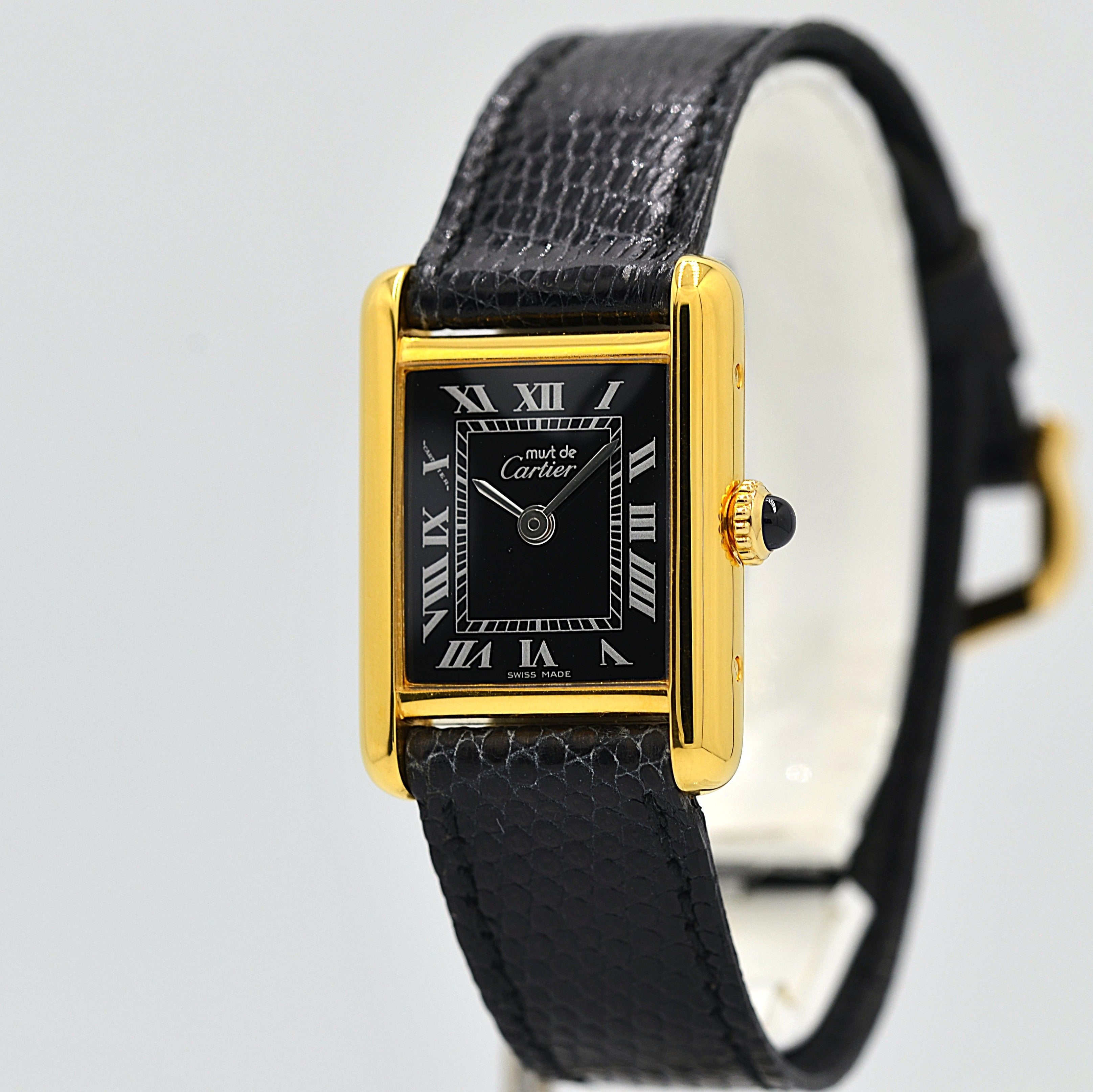 【Cartier】Cartier Must Tank SM Black Roman Manual Wind with Perpetual Warranty, Cartier Complete Service Completed