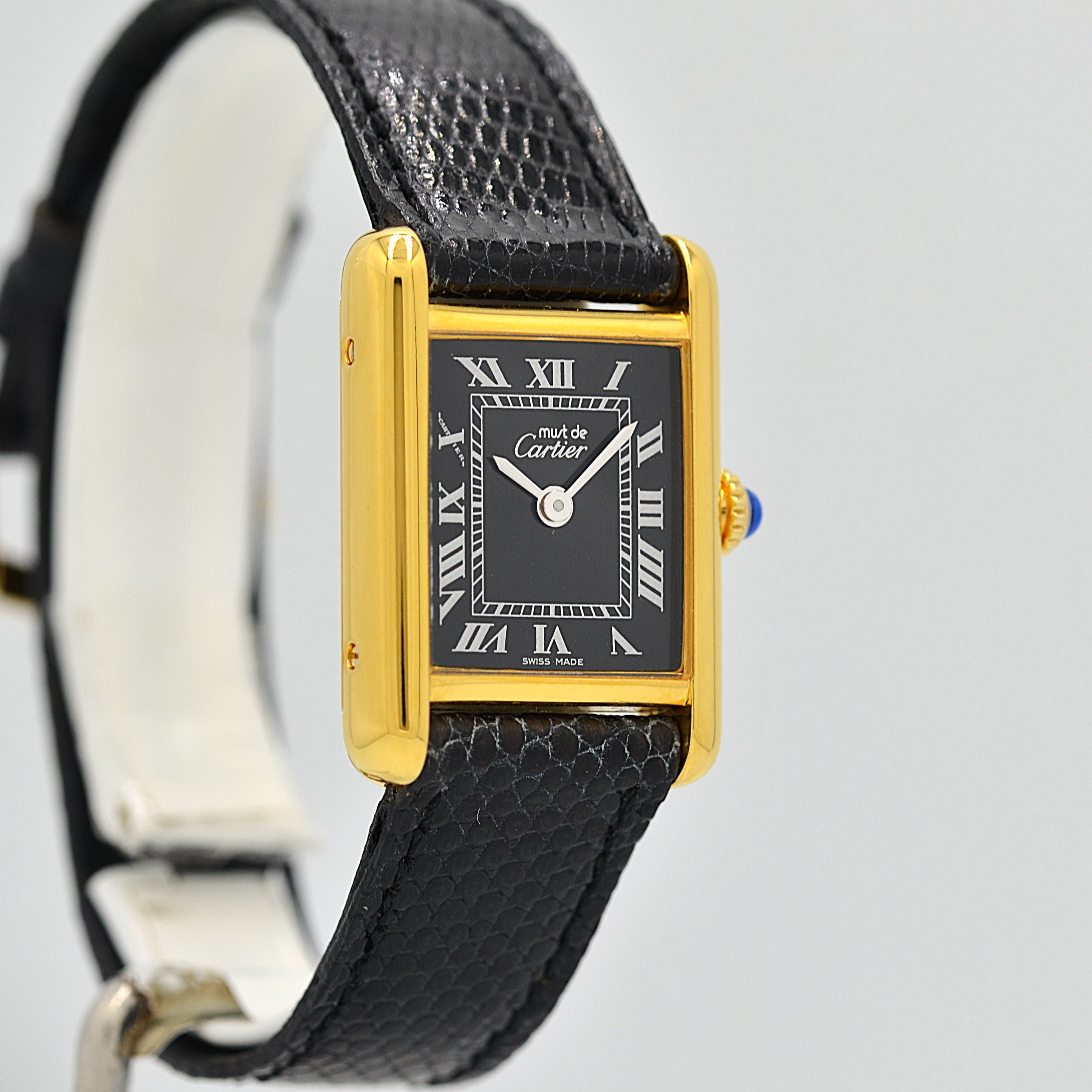【Cartier】Cartier Must Tank SM Black Roman Manual Wind with Perpetual Warranty, Cartier Complete Service Completed