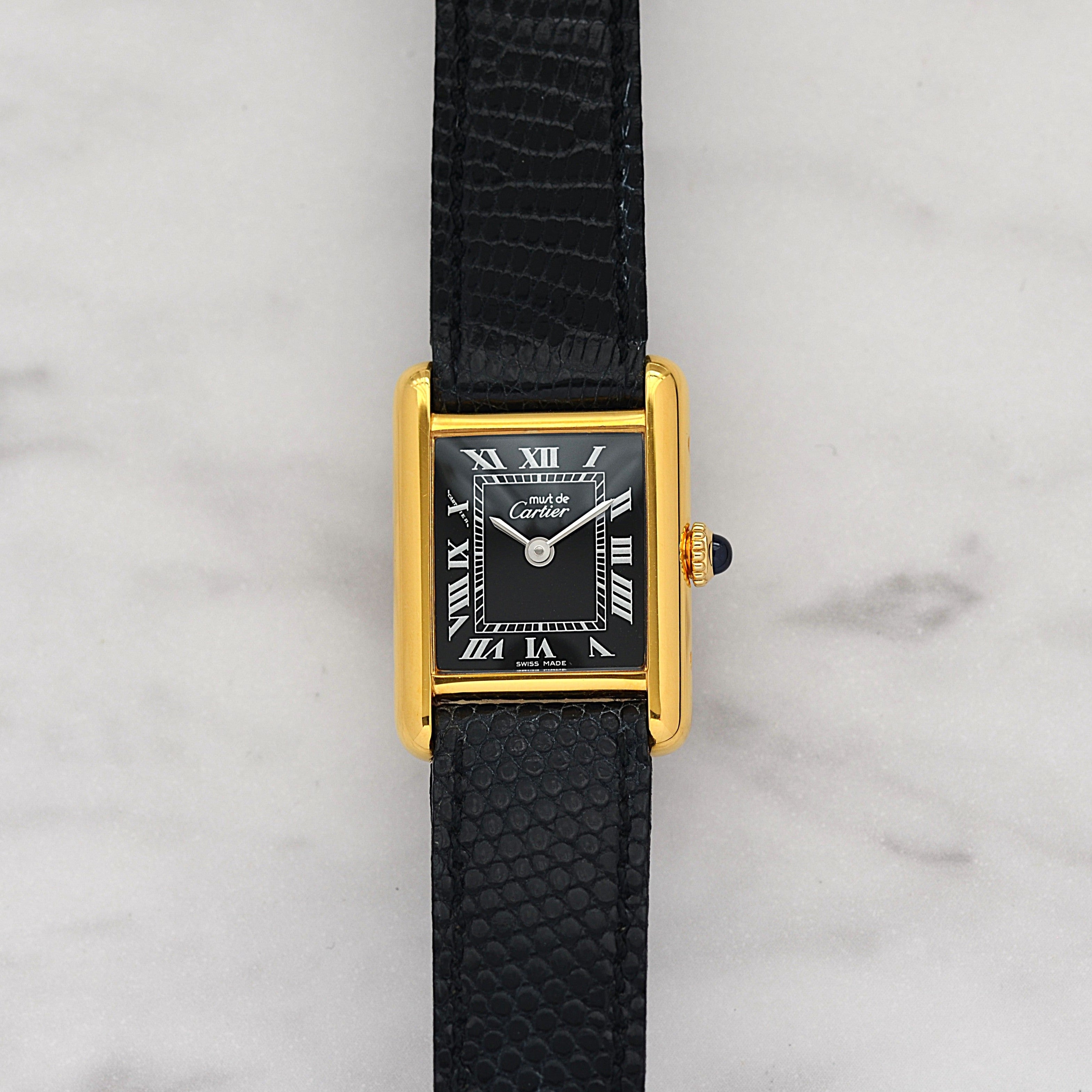 【Cartier】Cartier Must Tank SM Black Roman Manual Wind with Perpetual Warranty, Cartier Complete Service Completed