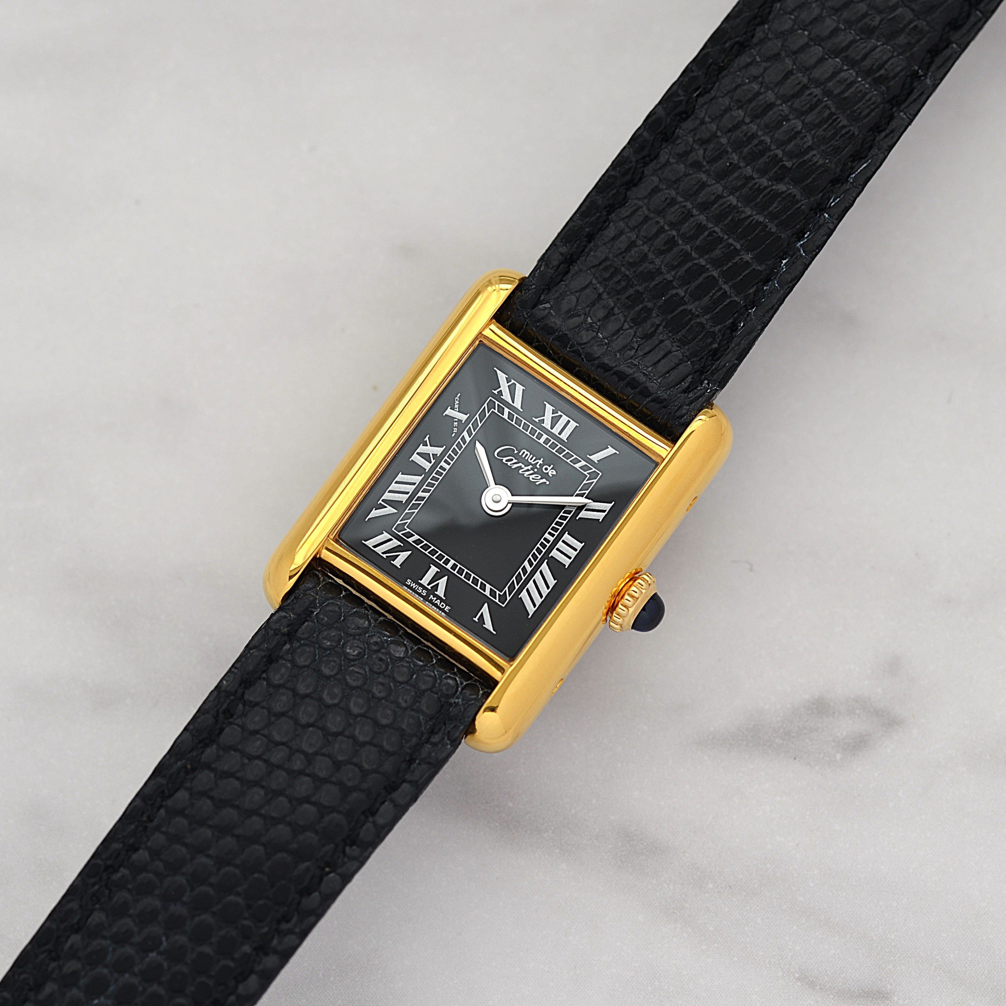 【Cartier】Cartier Must Tank SM Black Roman Manual Wind with Perpetual Warranty, Cartier Complete Service Completed