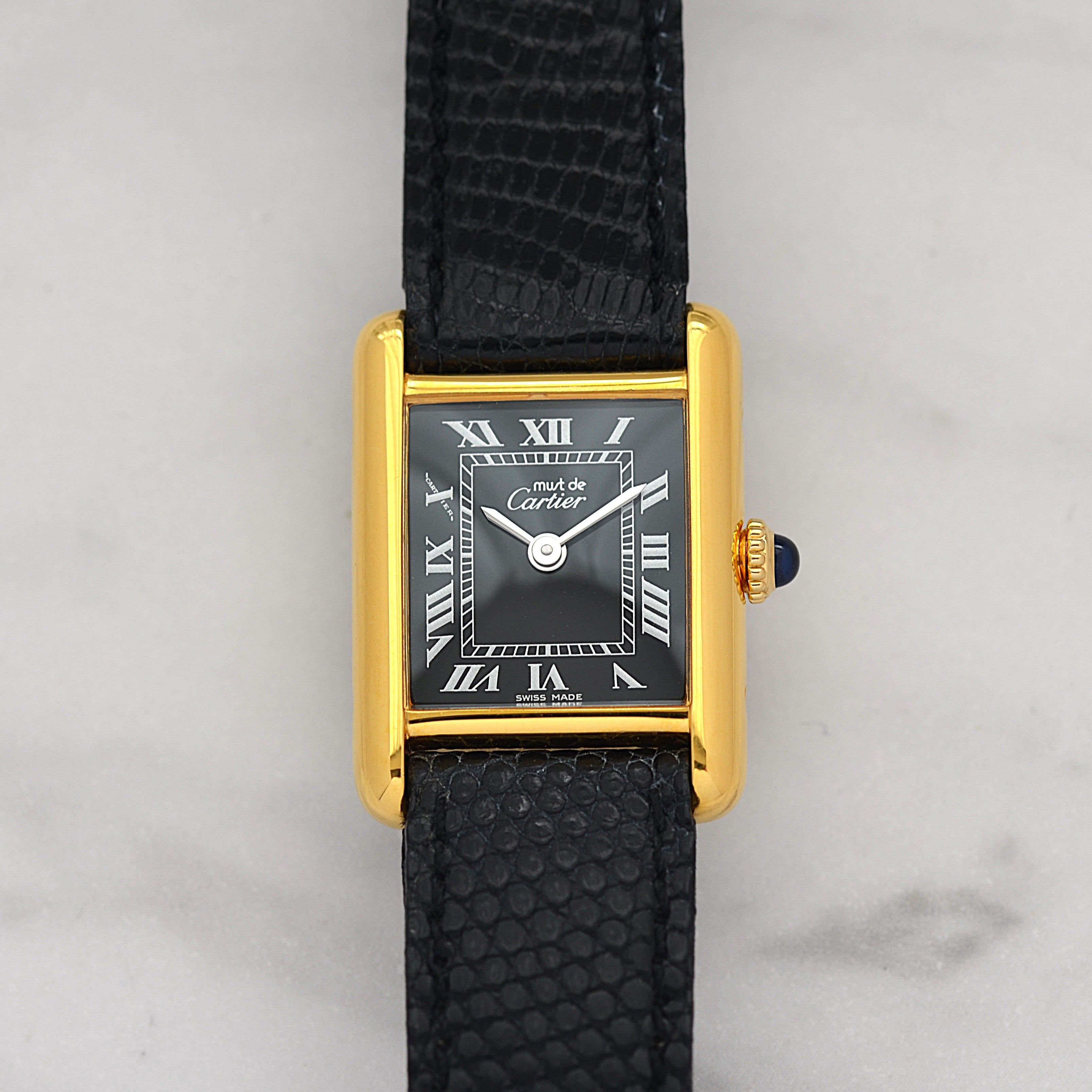【Cartier】Cartier Must Tank SM Black Roman Manual Wind with Perpetual Warranty, Cartier Complete Service Completed