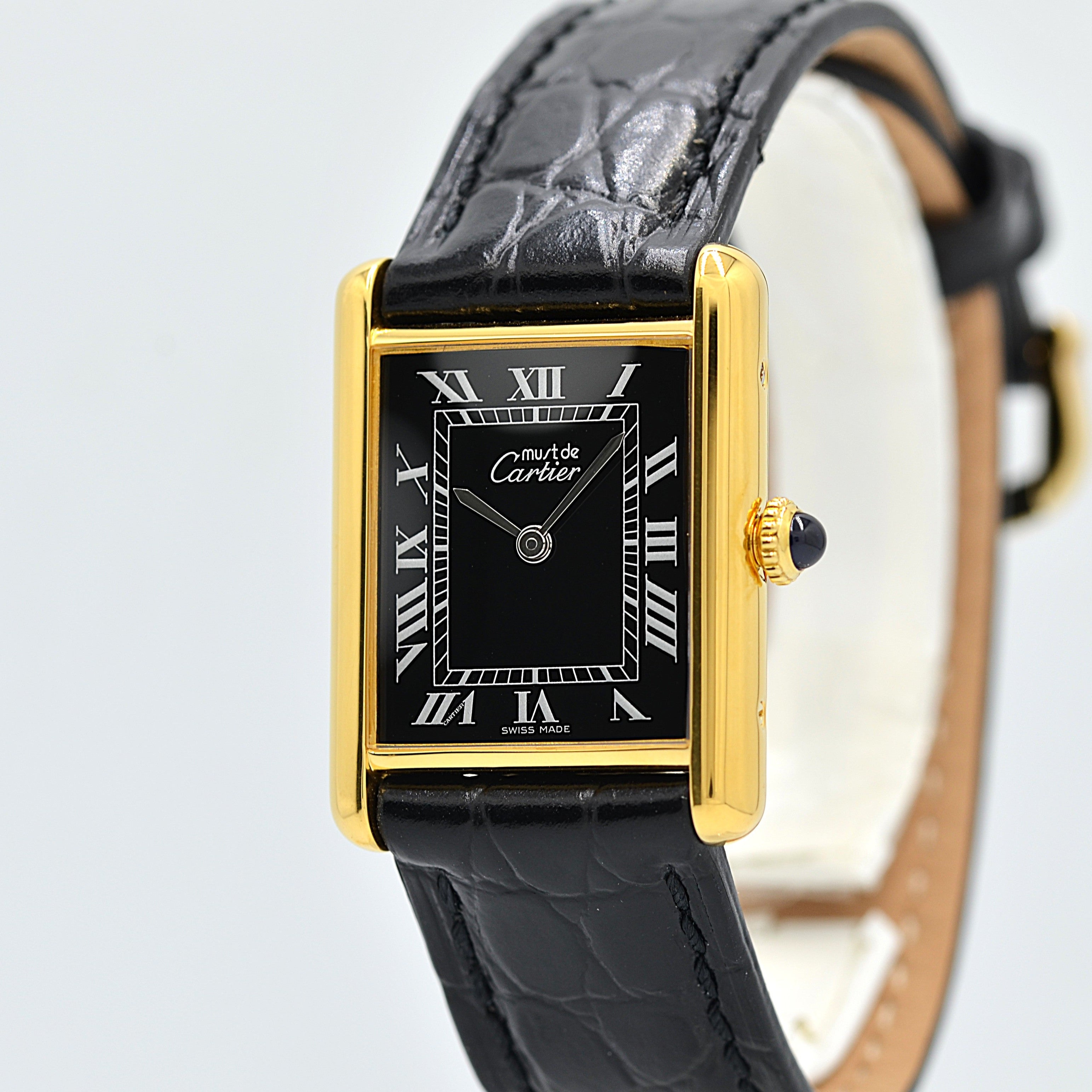 Cartier Must Tank LM Black Roman Numerals, Hand-wound, With Accessories, Cartier Complete Service Performed