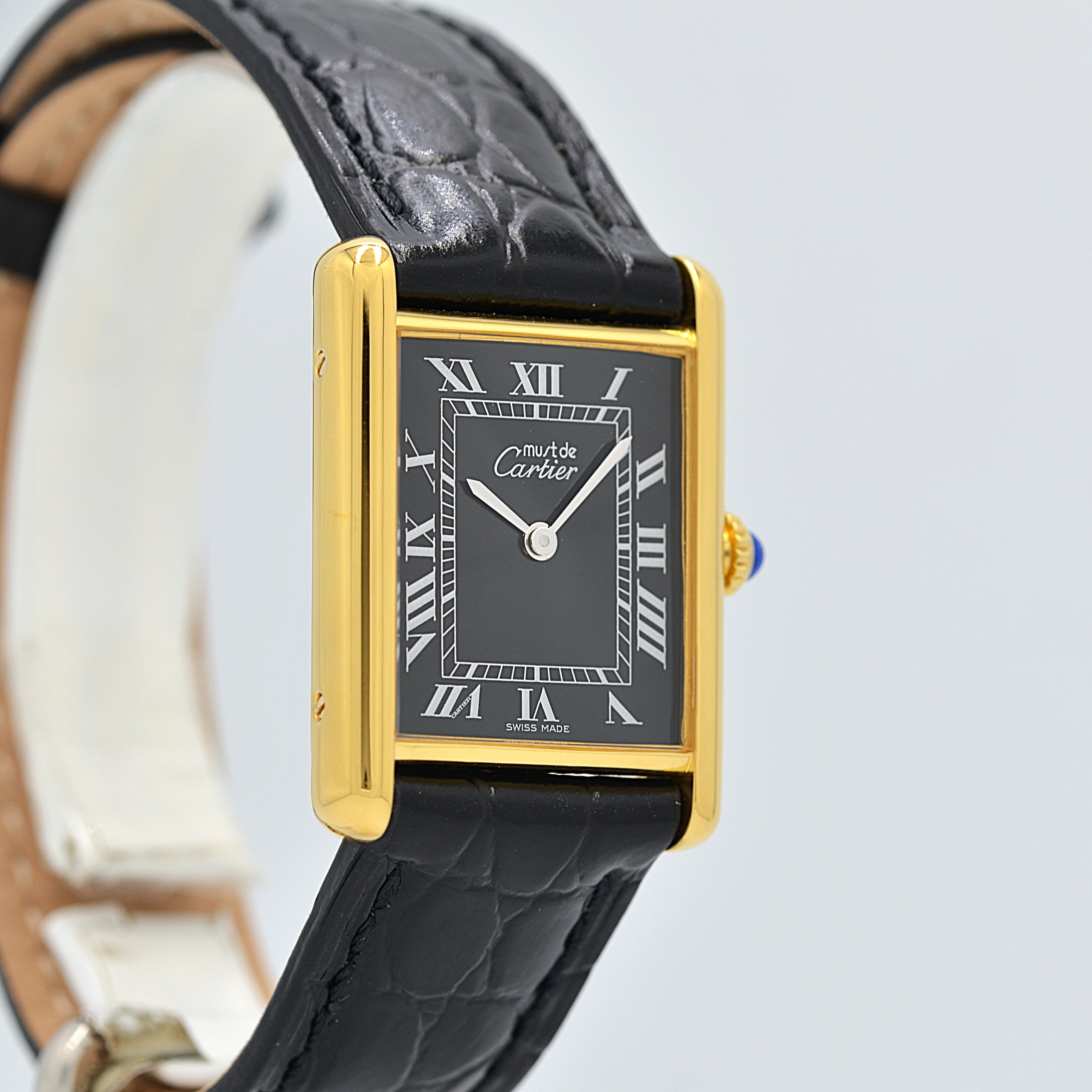 Cartier Must Tank LM Black Roman Numerals, Hand-wound, With Accessories, Cartier Complete Service Performed