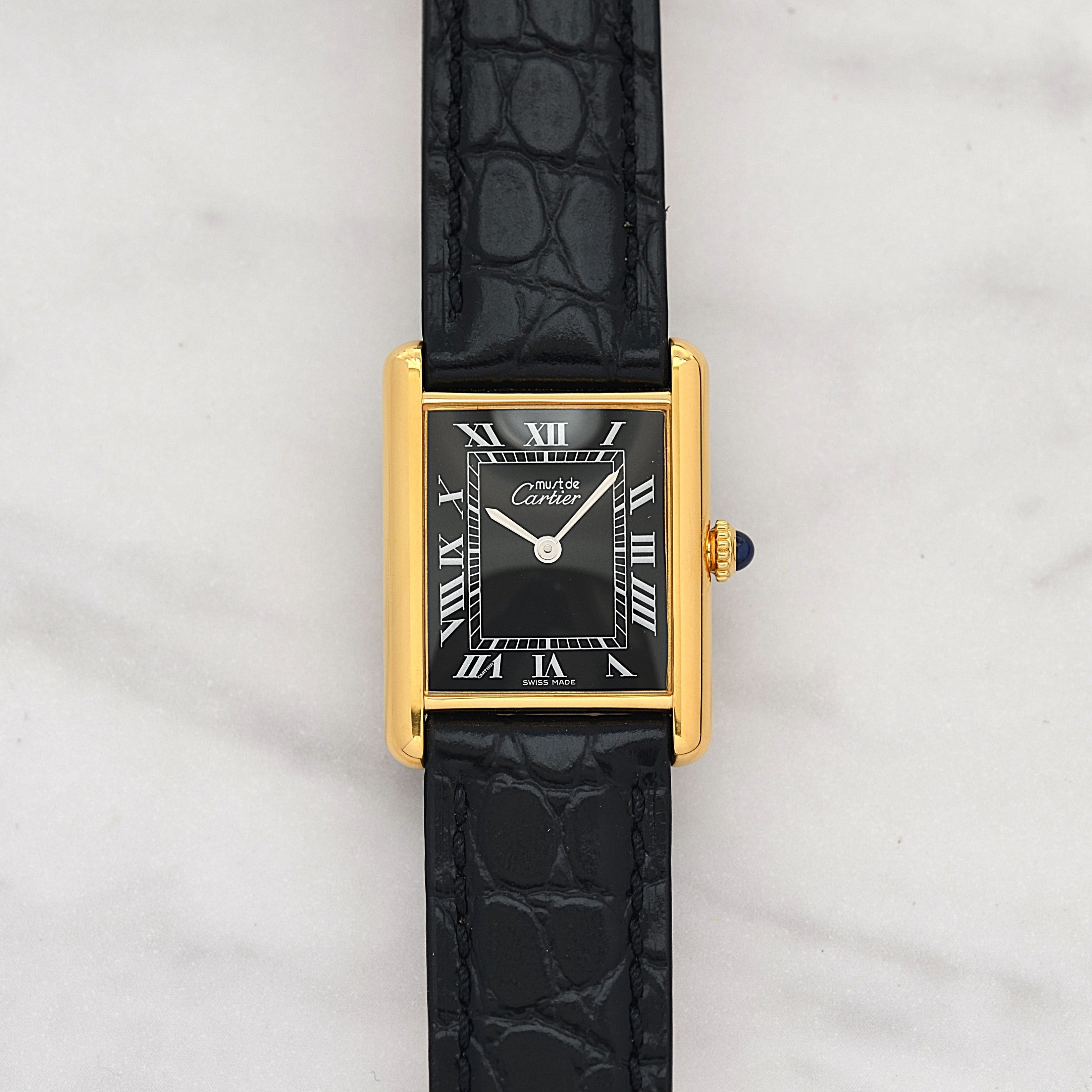 Cartier Must Tank LM Black Roman Numerals, Hand-wound, With Accessories, Cartier Complete Service Performed