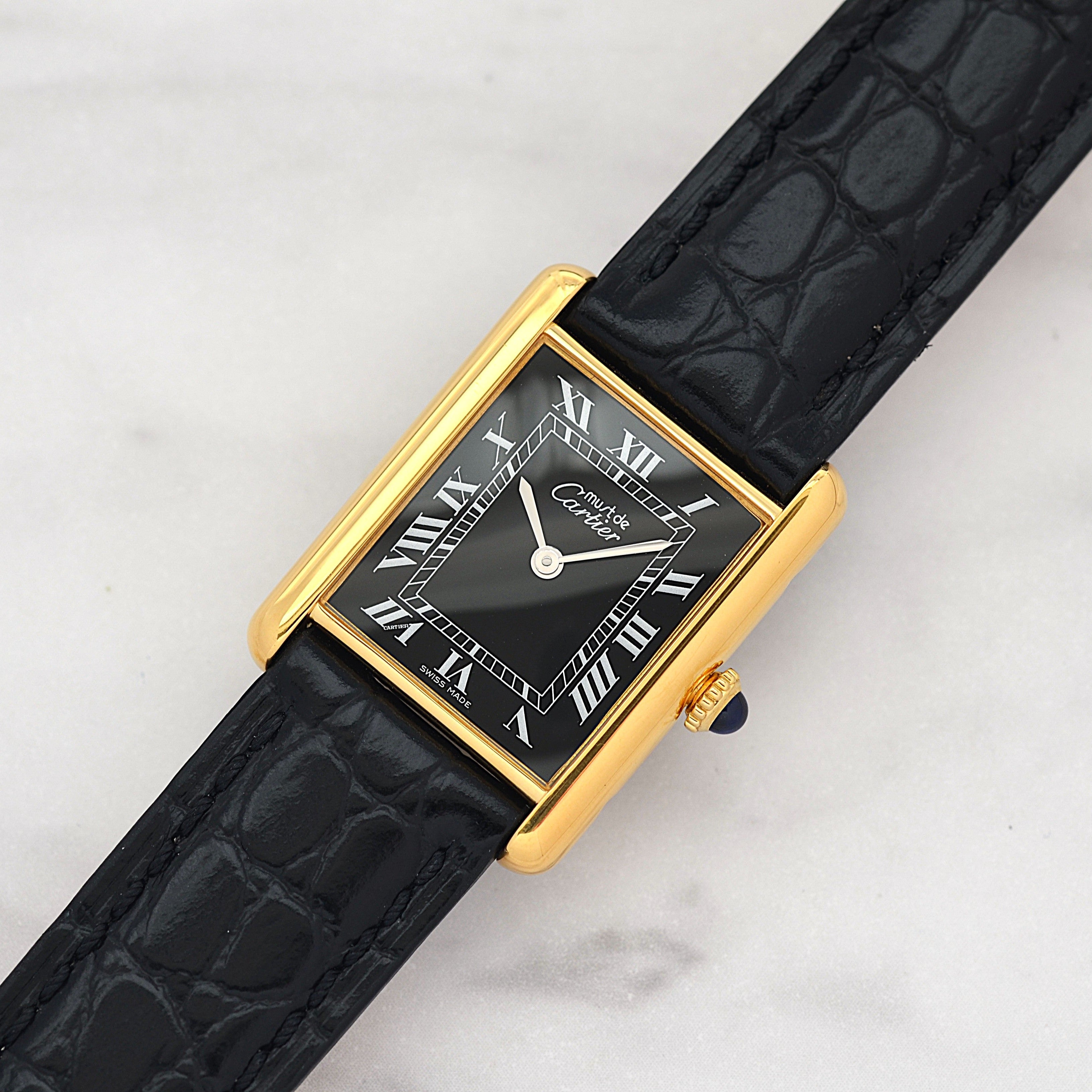 Cartier Must Tank LM Black Roman Numerals, Hand-wound, With Accessories, Cartier Complete Service Performed