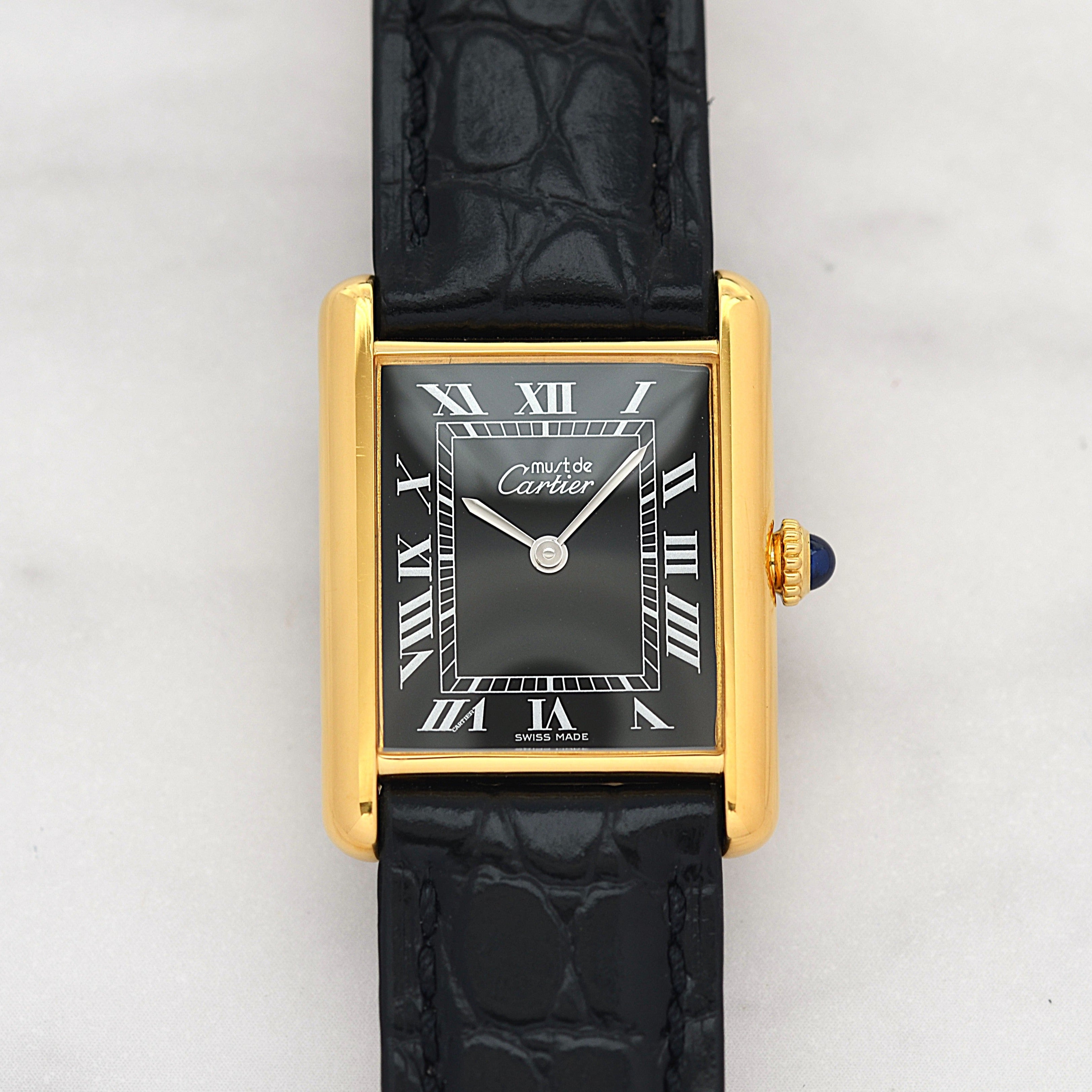 Cartier Must Tank LM Black Roman Numerals, Hand-wound, With Accessories, Cartier Complete Service Performed