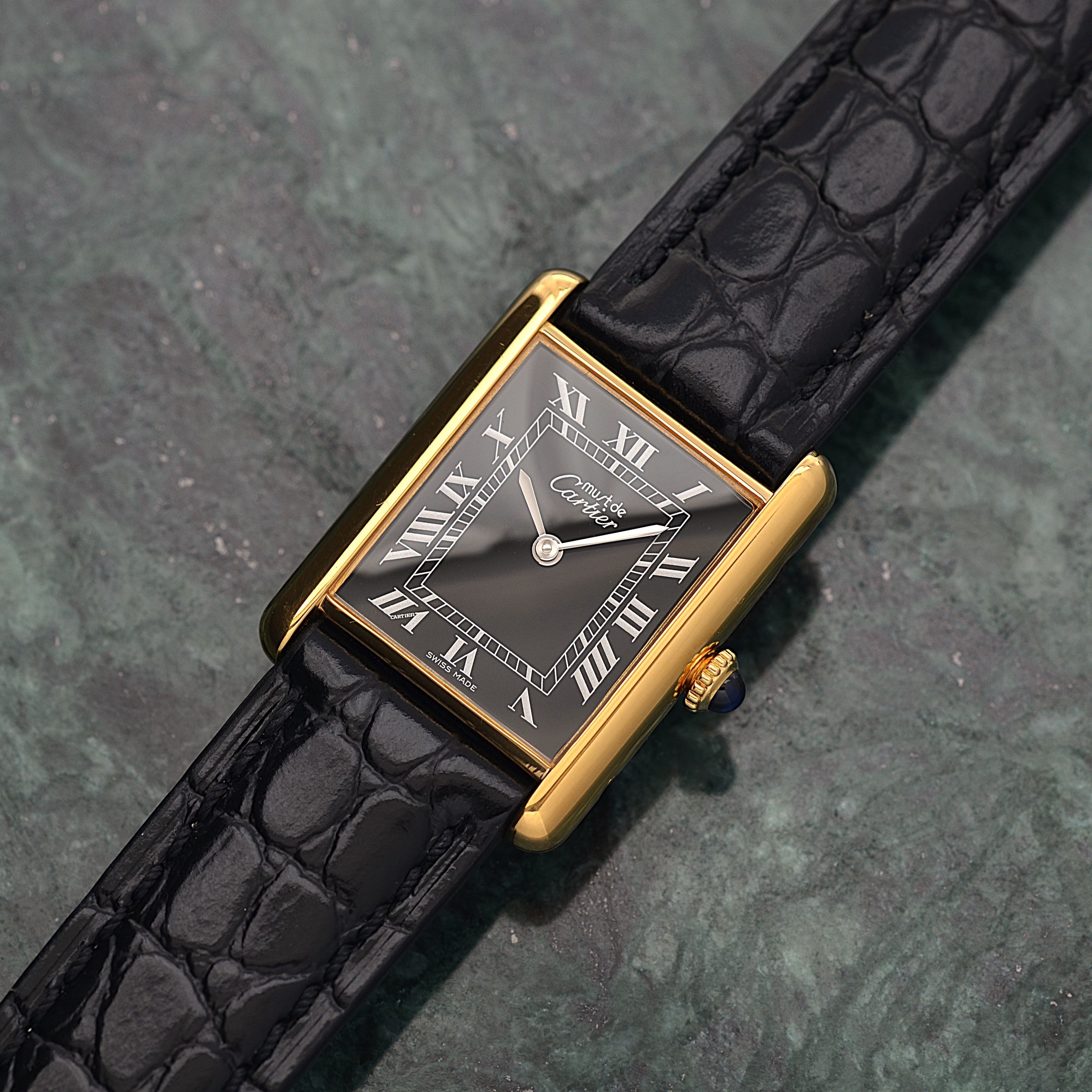Cartier Must Tank LM Black Roman Numerals, Hand-wound, With Accessories, Cartier Complete Service Performed