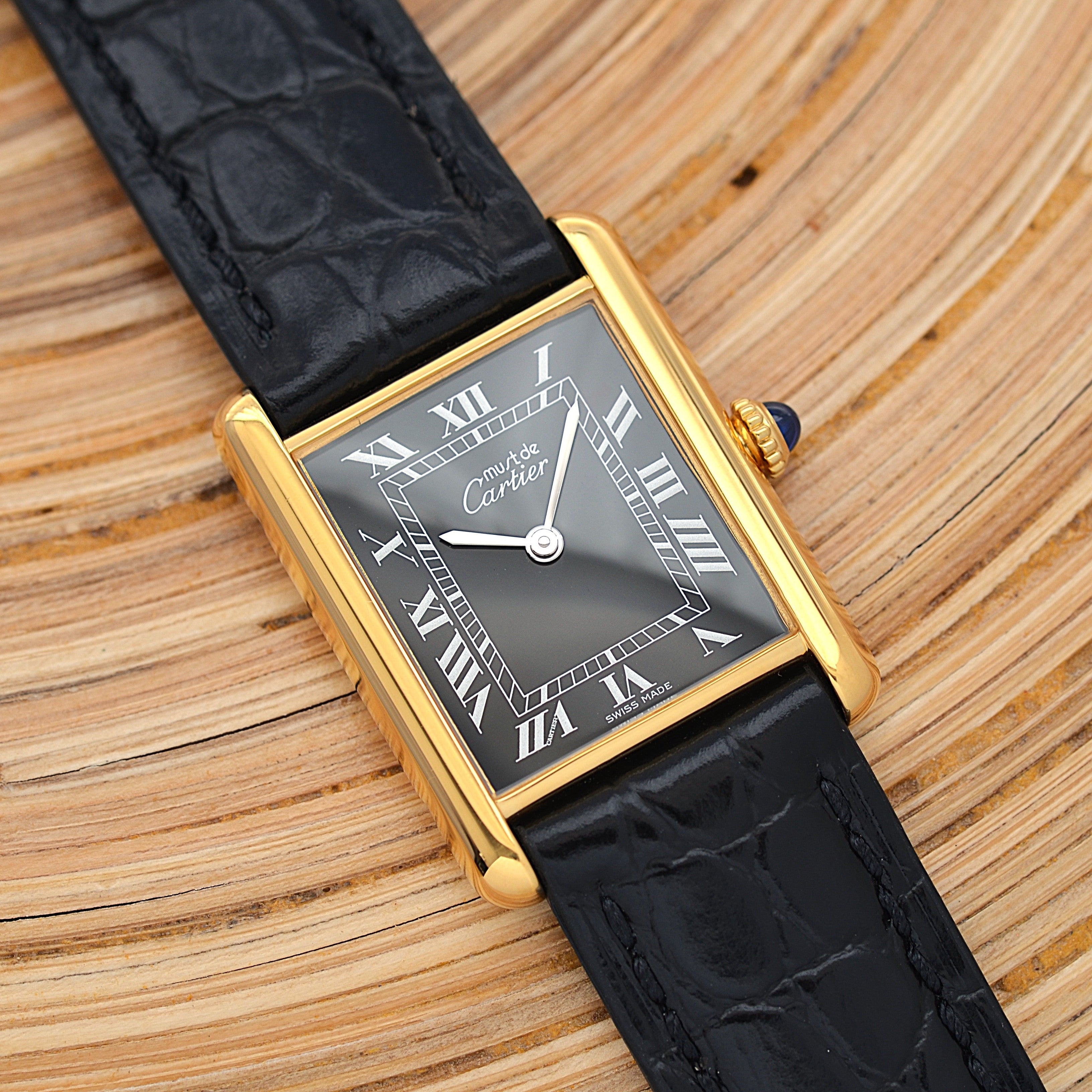 Cartier Must Tank LM Black Roman Numerals, Hand-wound, With Accessories, Cartier Complete Service Performed