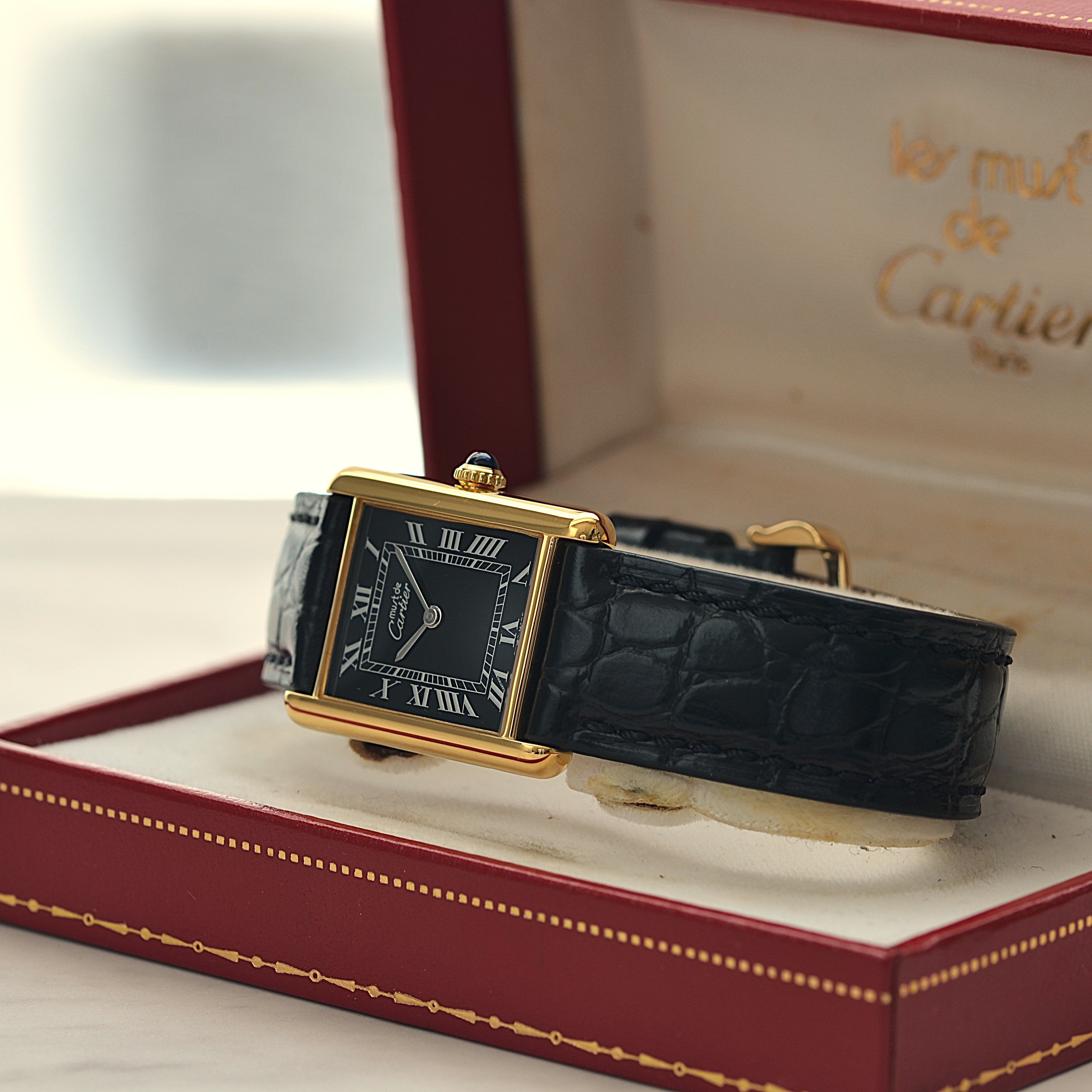 Cartier Must Tank LM Black Roman Numerals, Hand-wound, With Accessories, Cartier Complete Service Performed