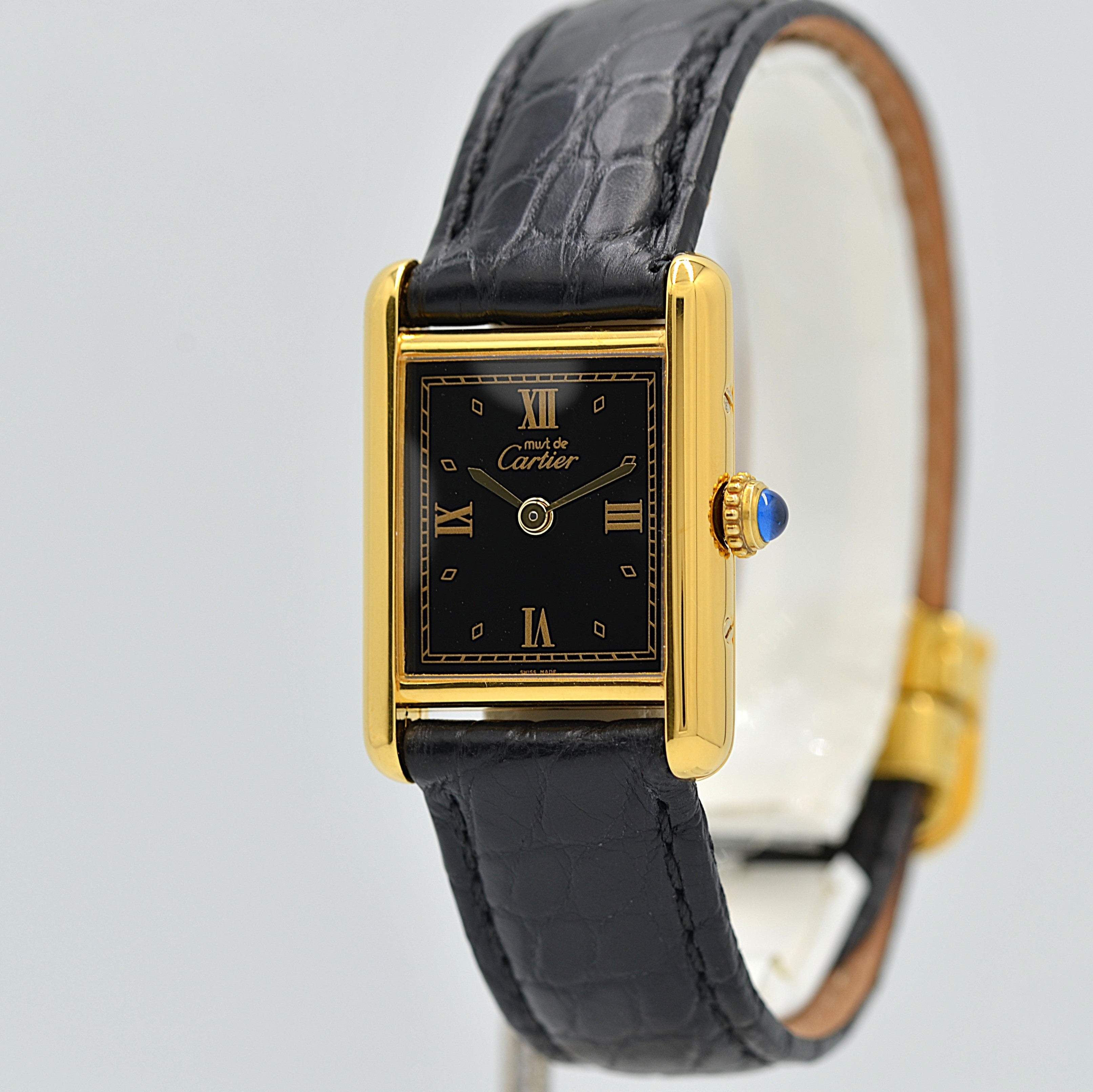 【Cartier】Cartier Must Tank SM Black 4 Roman Numerals with Original D-Buckle, Cartier Complete Service Performed