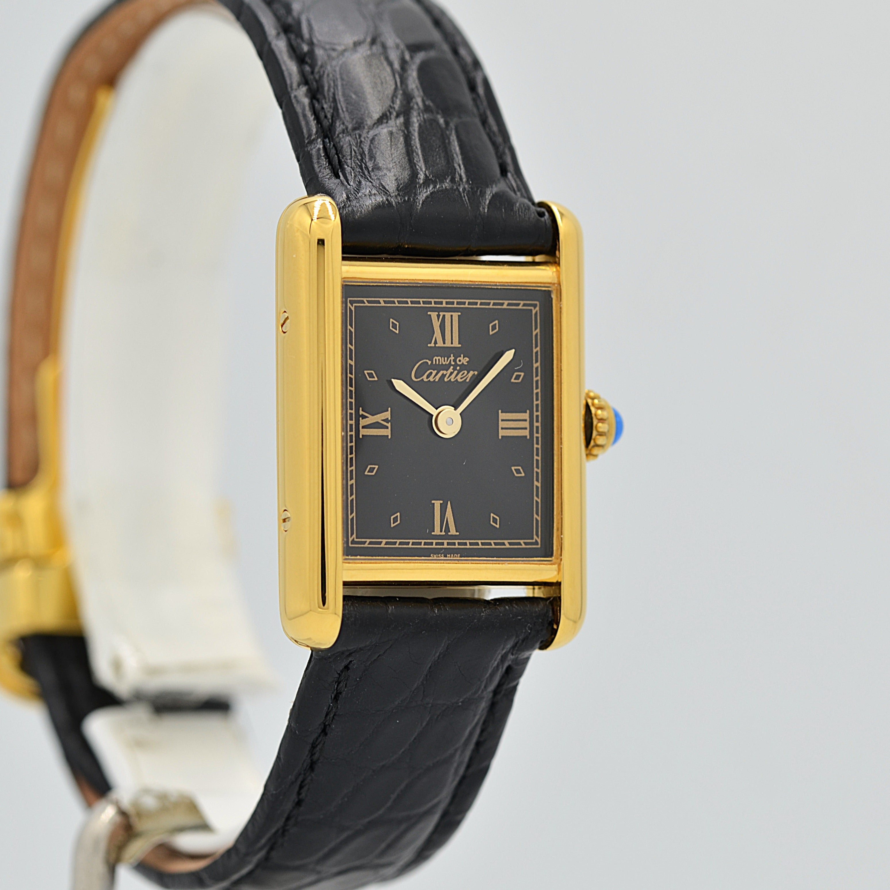 【Cartier】Cartier Must Tank SM Black 4 Roman Numerals with Original D-Buckle, Cartier Complete Service Performed