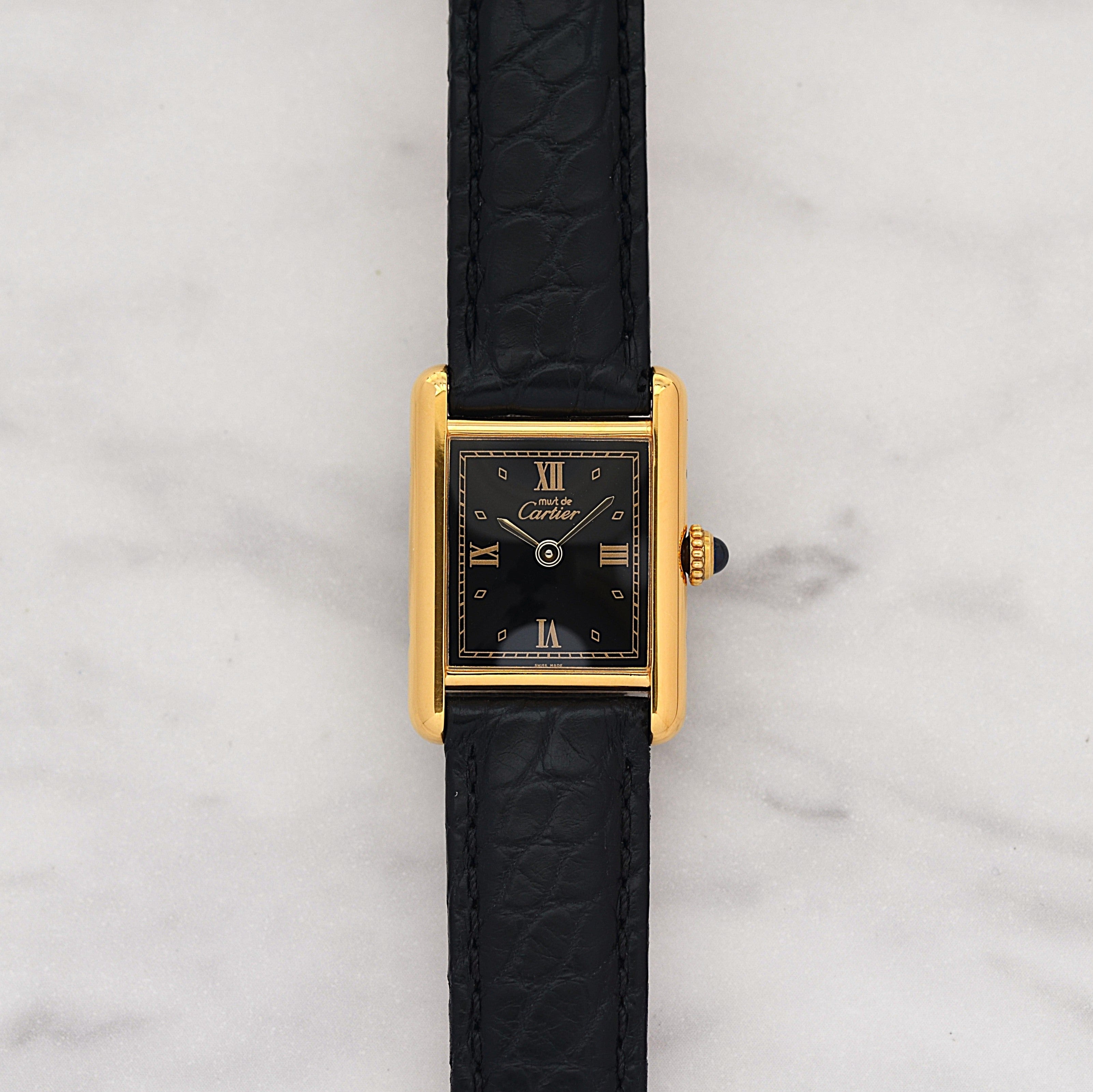 【Cartier】Cartier Must Tank SM Black 4 Roman Numerals with Original D-Buckle, Cartier Complete Service Performed
