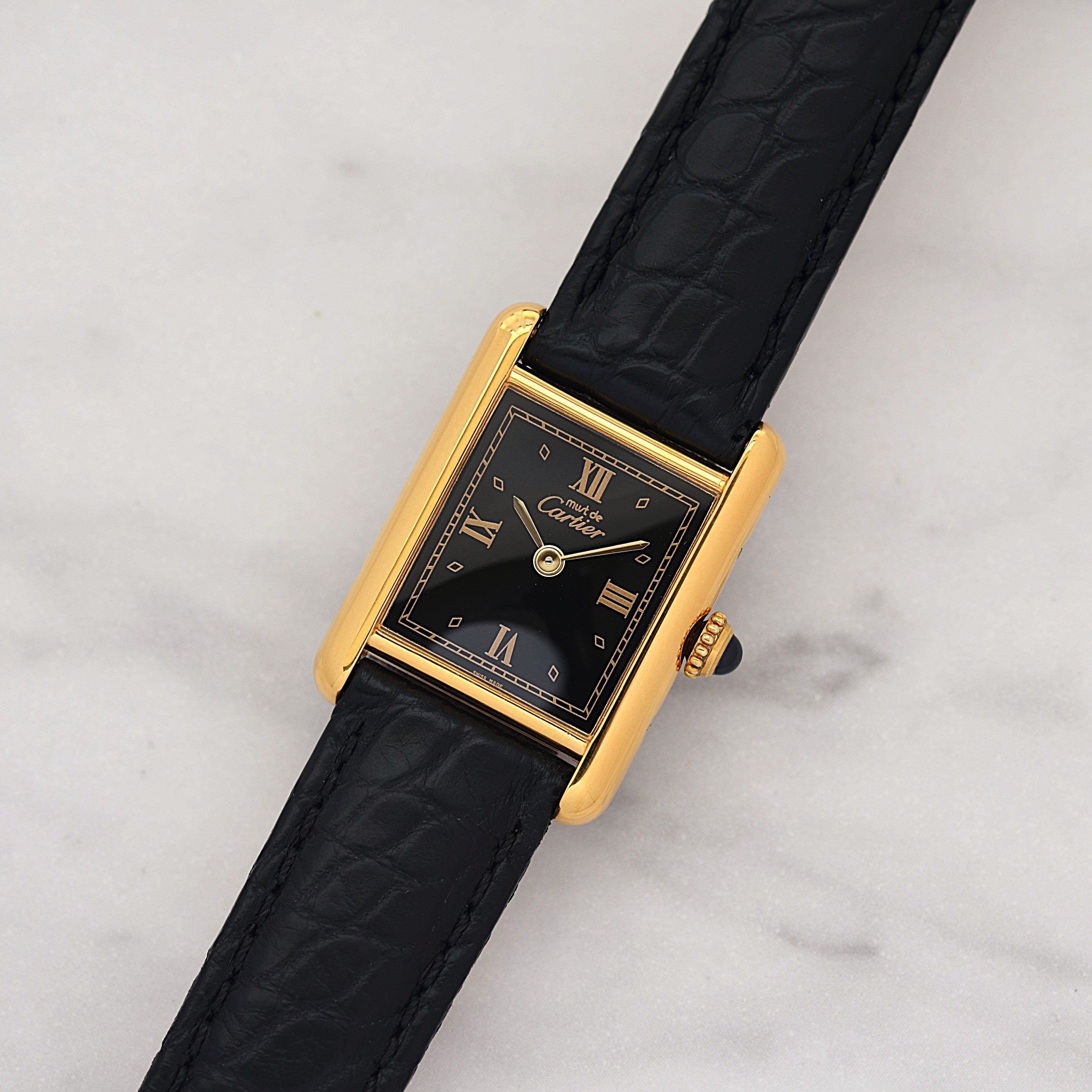 【Cartier】Cartier Must Tank SM Black 4 Roman Numerals with Original D-Buckle, Cartier Complete Service Performed