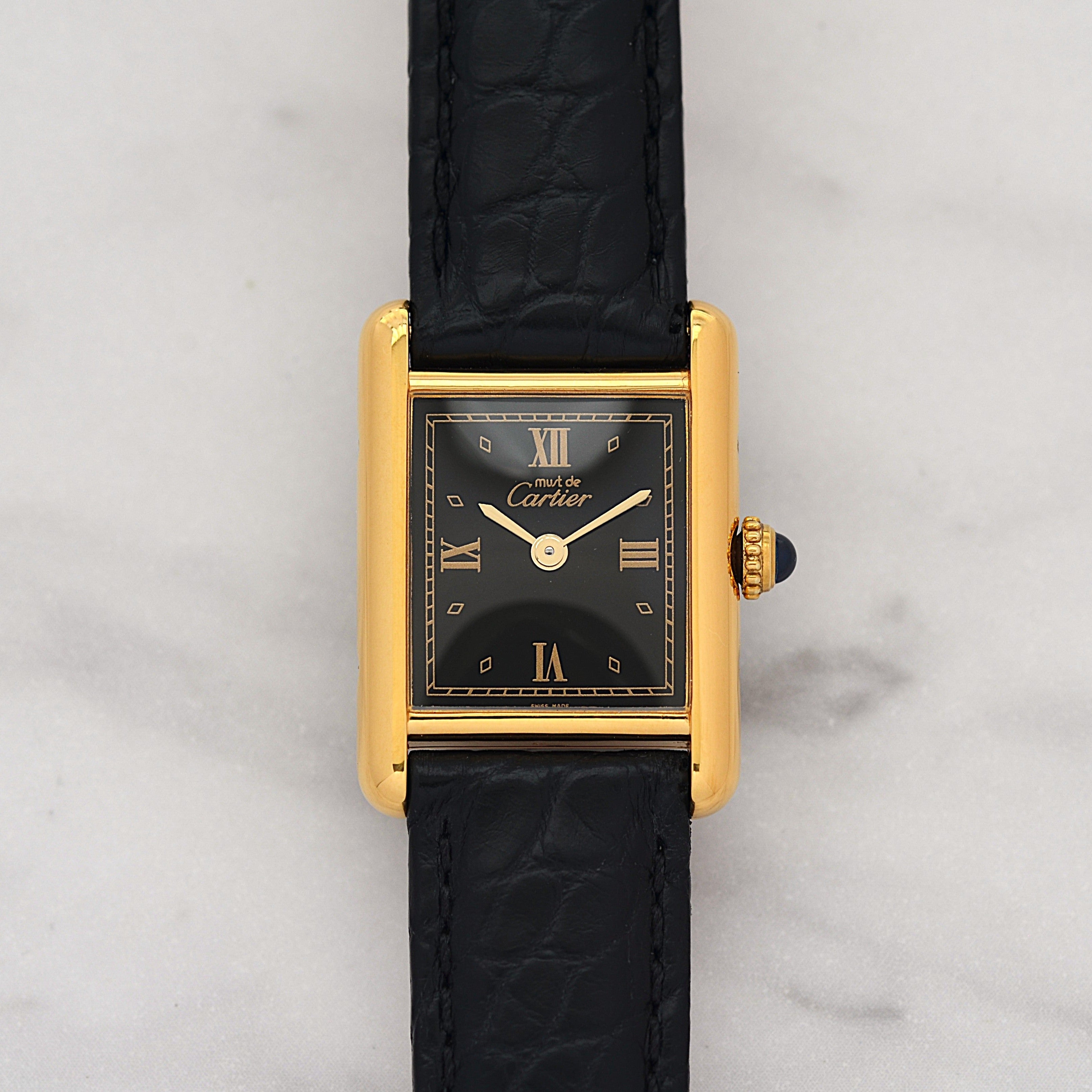 【Cartier】Cartier Must Tank SM Black 4 Roman Numerals with Original D-Buckle, Cartier Complete Service Performed