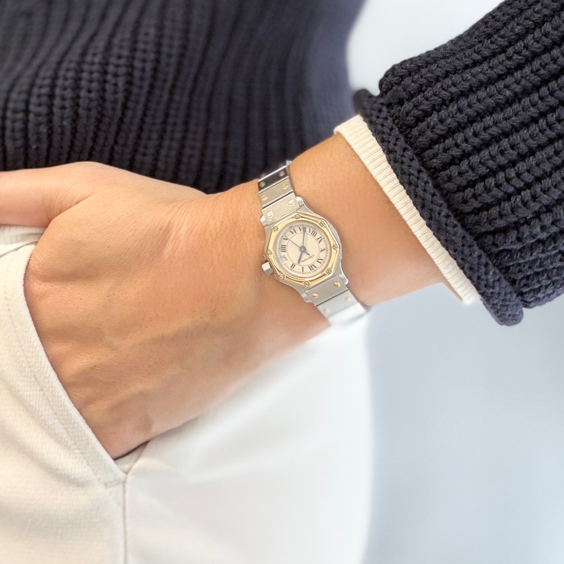 【Cartier】Cartier Santos Octagon SM 18K YG x SS Quartz Model, Cartier Complete Service Performed