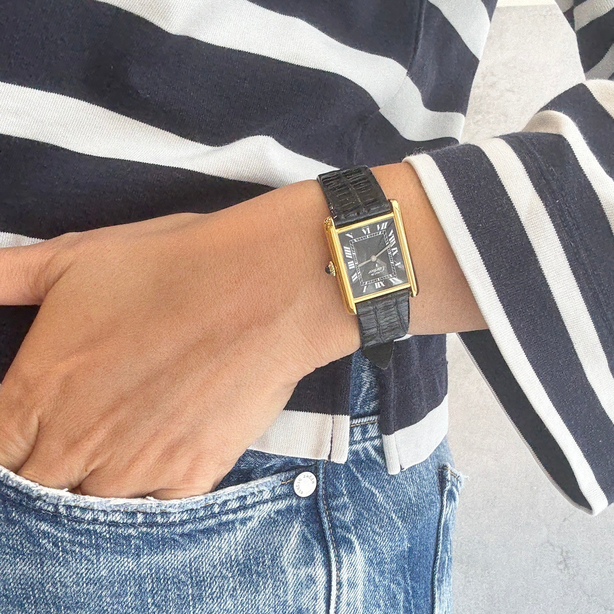 [Cartier] Cartier Must Tank LM Black Roman Manual Winding with Genuine Buckle