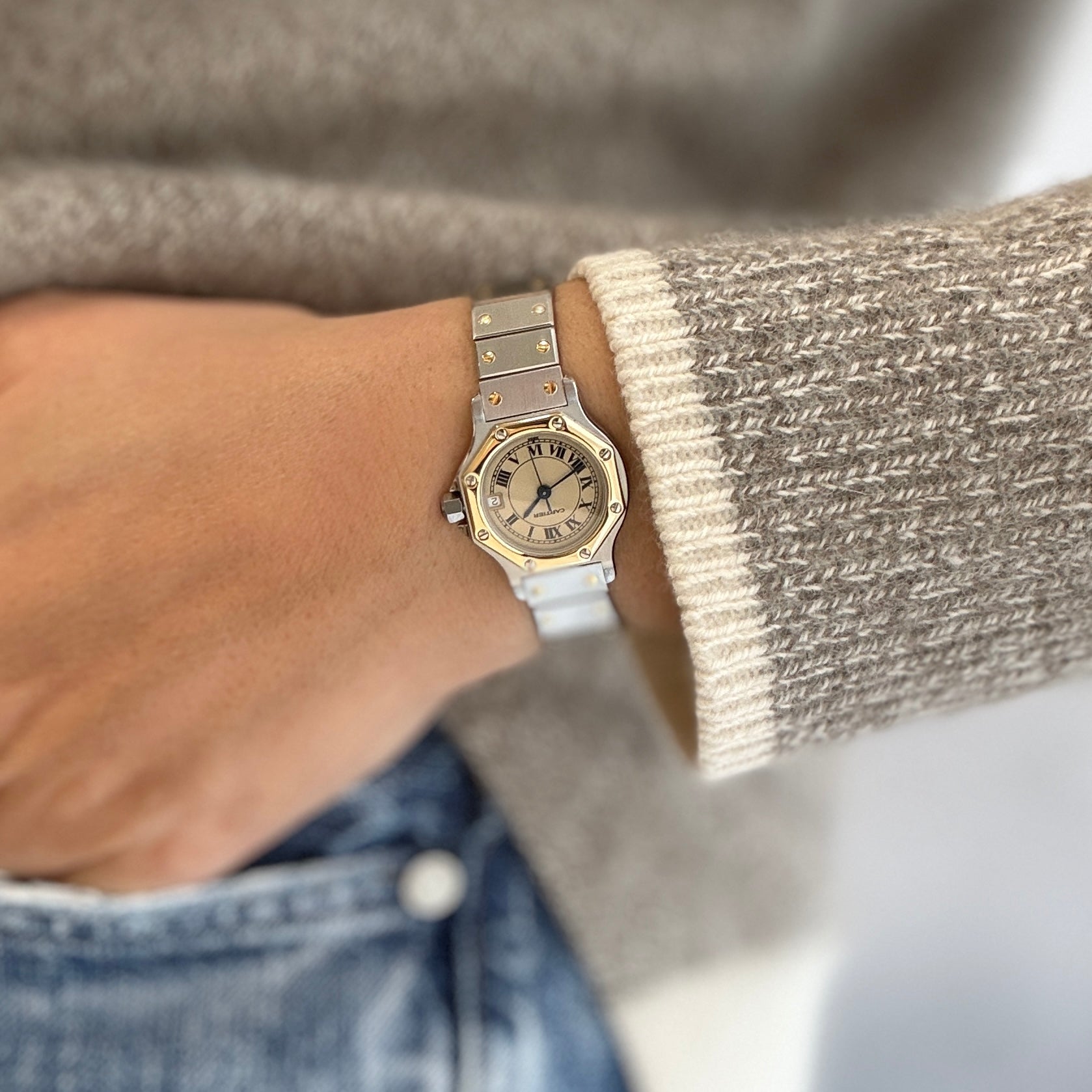 [Cartier] Cartier Santos Octagon SM 18K Yellow Gold x Stainless Steel Quartz Model with Double Buckle. Complete Cartier Service.