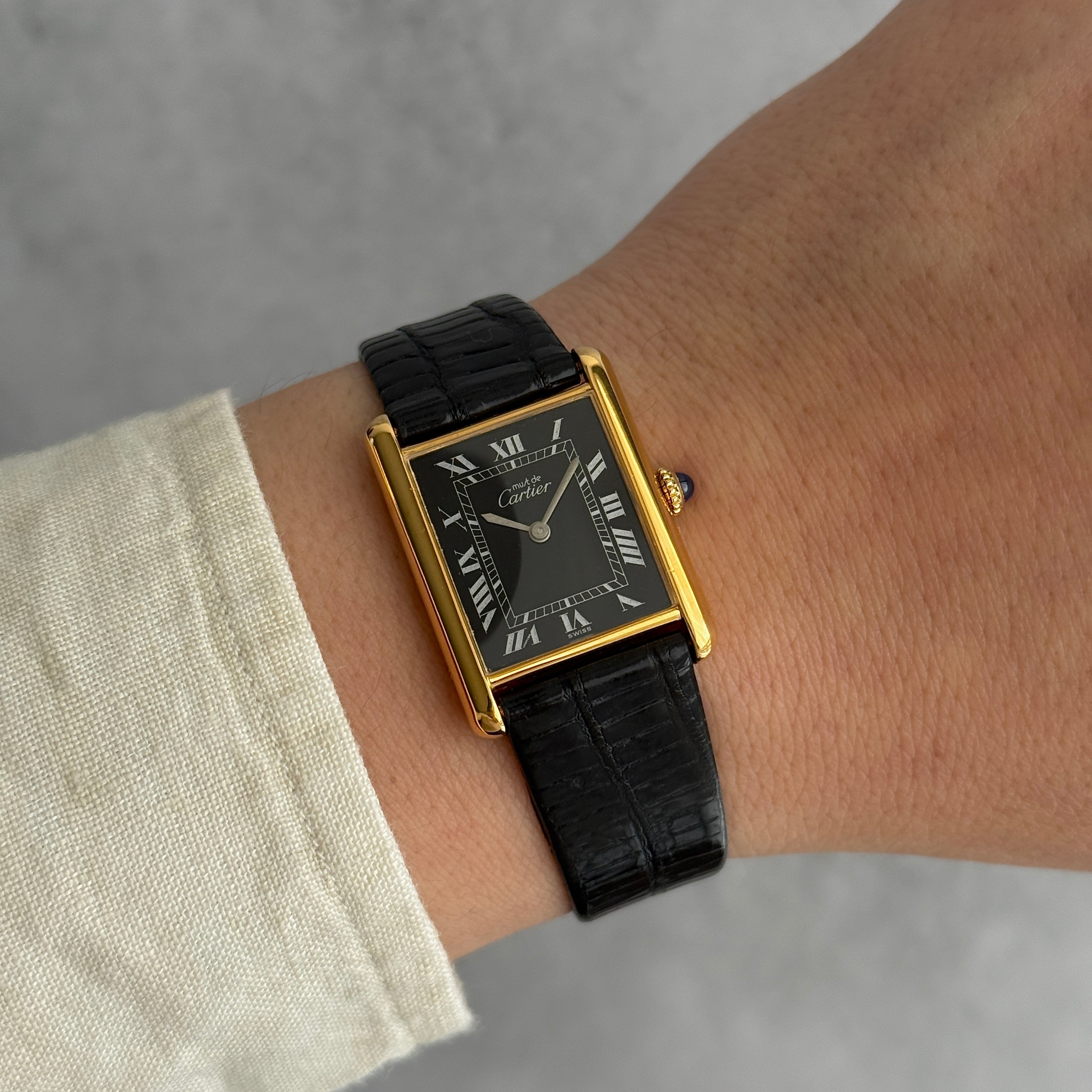 [Cartier] Cartier Must Tank LM Black Roman Manual Winding with Genuine Buckle