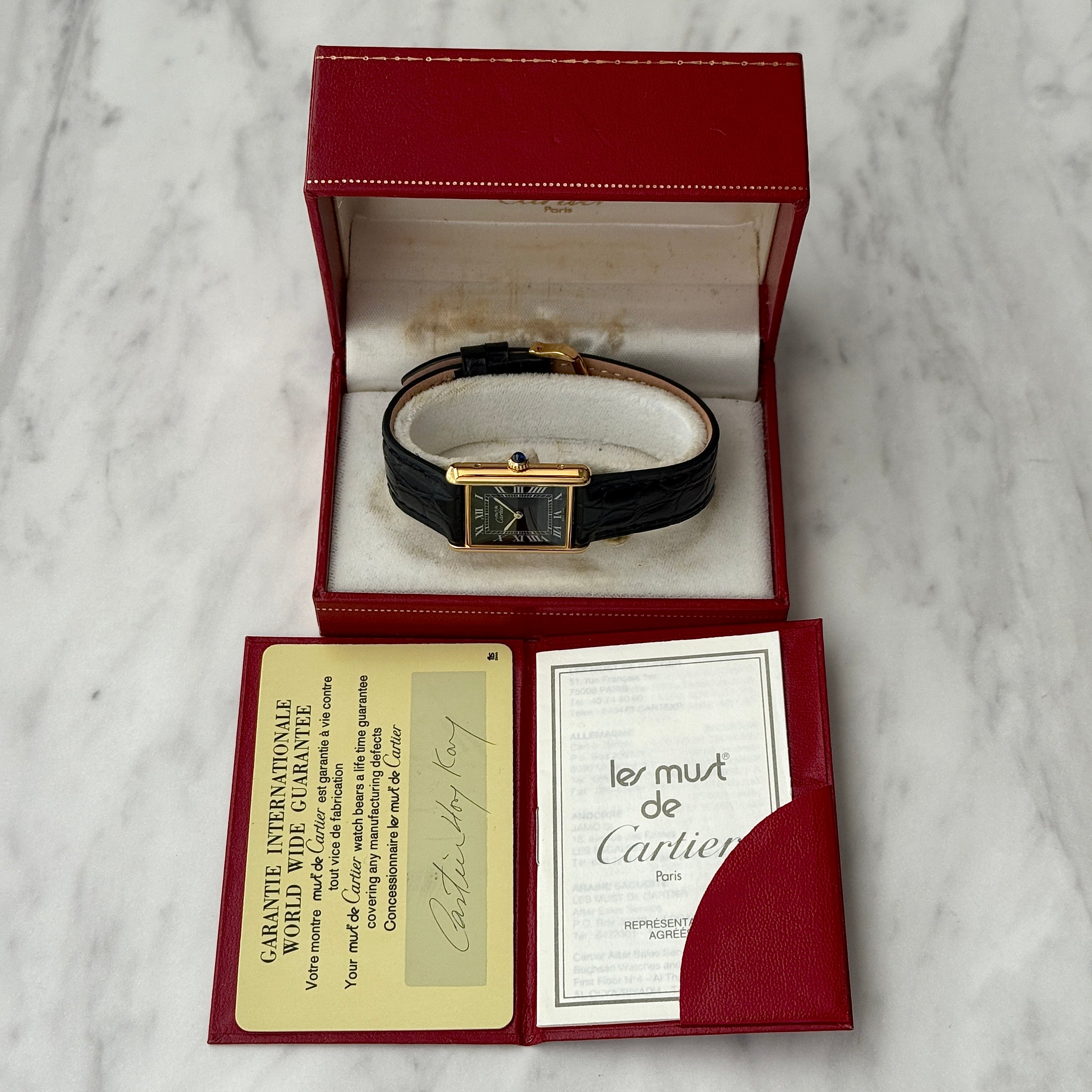 Cartier Must Tank LM Black Roman Numerals, Hand-wound, With Accessories, Cartier Complete Service Performed