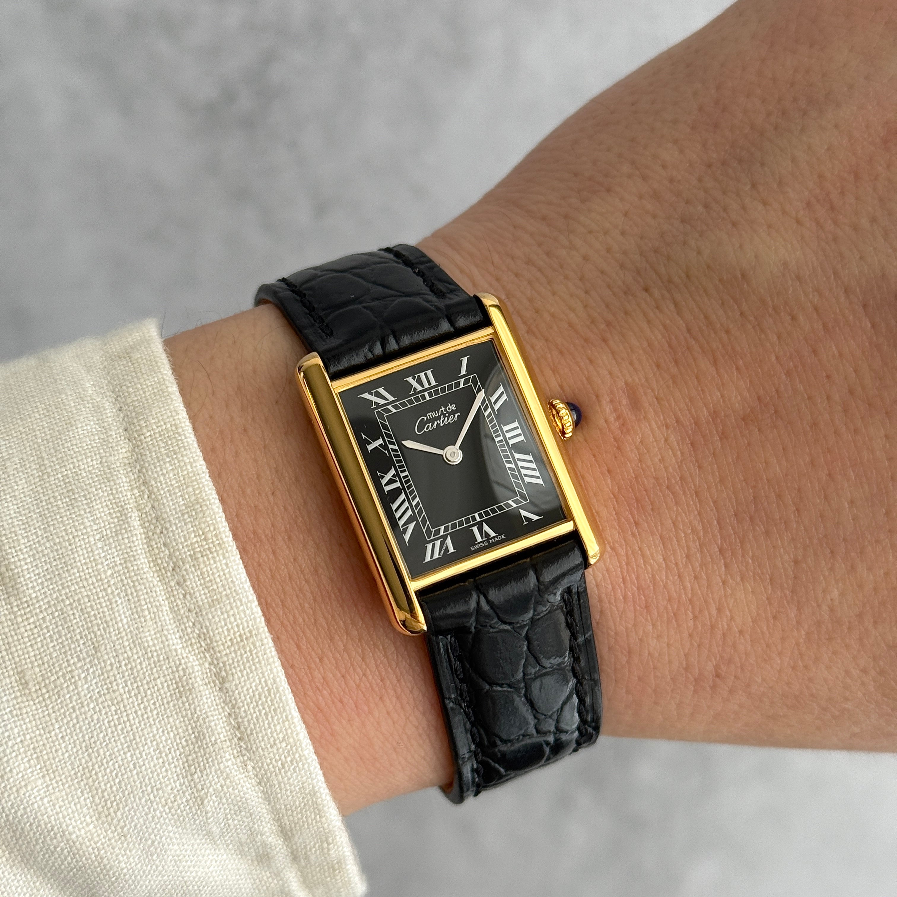 Cartier Must Tank LM Black Roman Numerals, Hand-wound, With Accessories, Cartier Complete Service Performed
