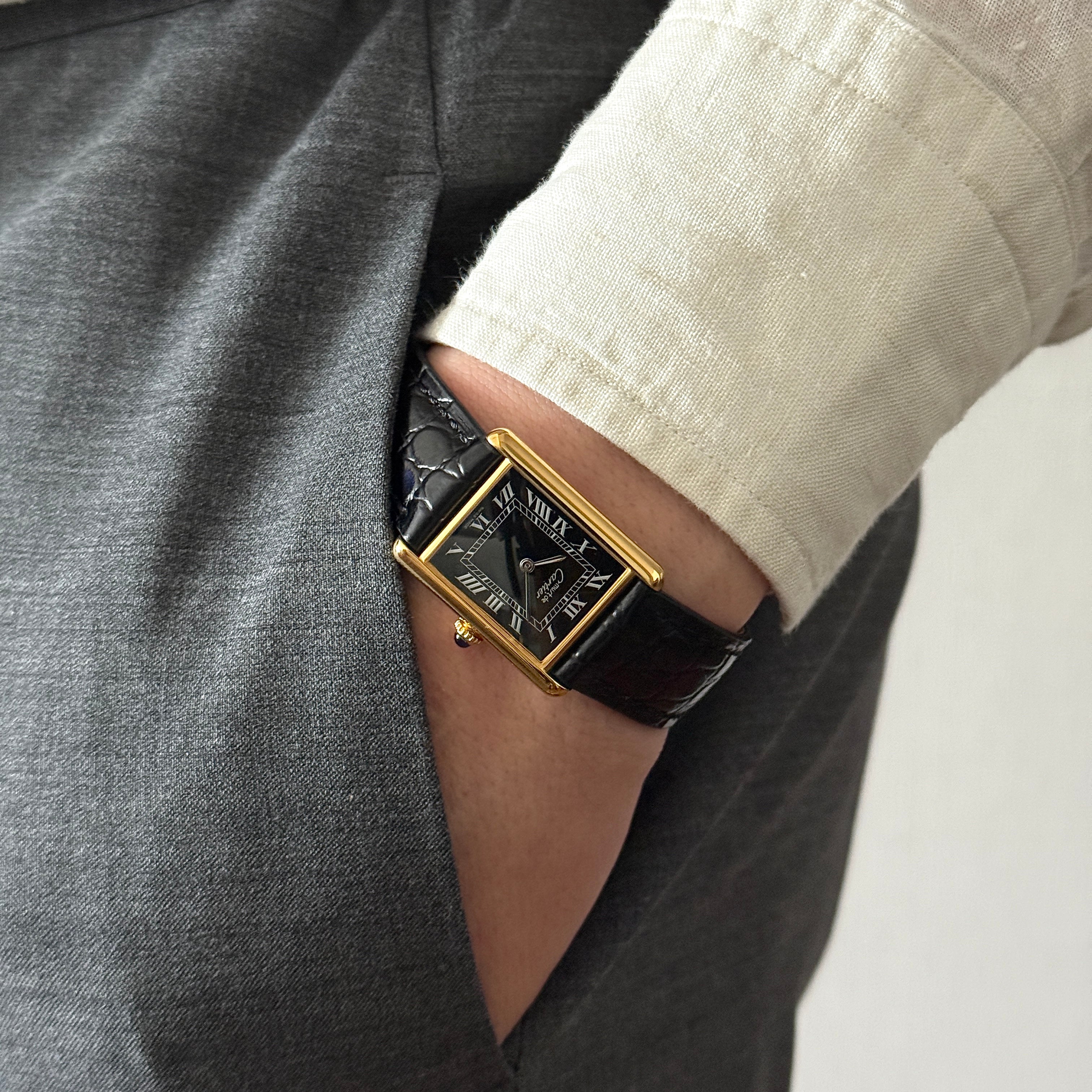 Cartier Must Tank LM Black Roman Numerals, Hand-wound, With Accessories, Cartier Complete Service Performed