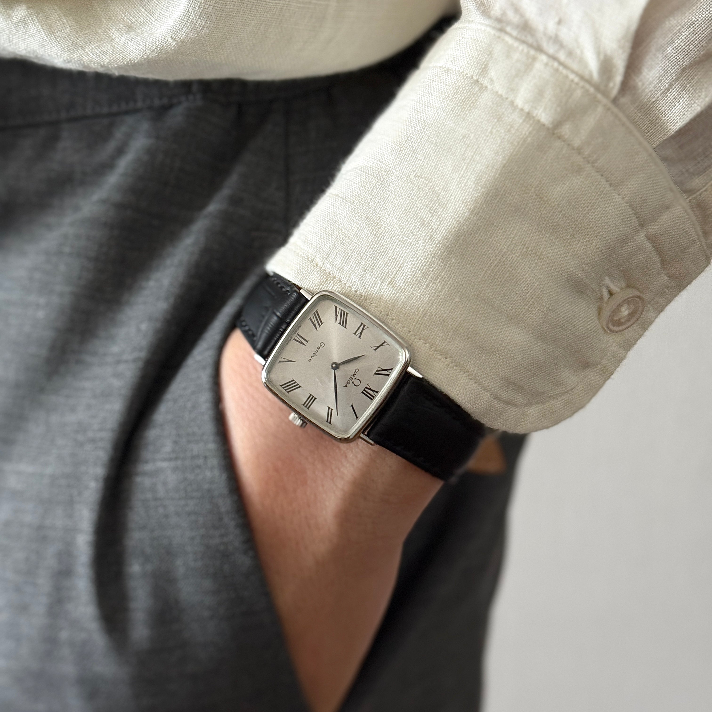 [OMEGA] Omega Geneve WGP Square Silver Boys' Size with Genuine Buckle